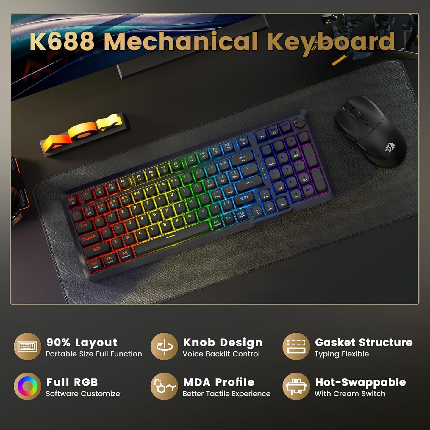 Redragon Wireless Mechanical Keyboard, 3 Mode Gasket Mounted RGB Gaming Keyboard with Volume Knob, Pre-Lubed Linear Switches, MDA-Profile, 98 Keys Hot Swappable Creamy Keyboard for PC/Tablet/Xbox/PS4