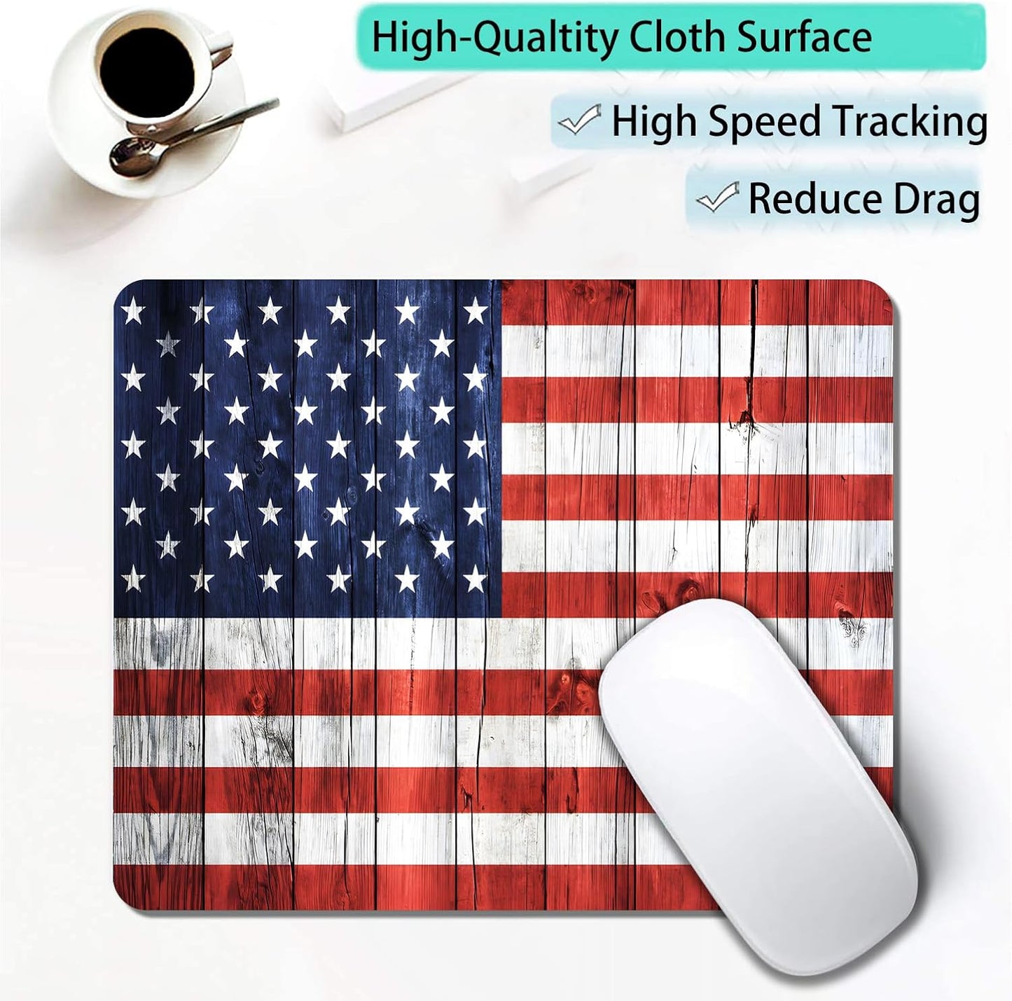 American Flag Wood Custom Mouse Pad with Non-Slip Rubber, Small Square Design for Wireless Laptop & Computer Mouse Pads for Desk, 9.5 x 7.9 inch Smooth Surface for Gaming & Office