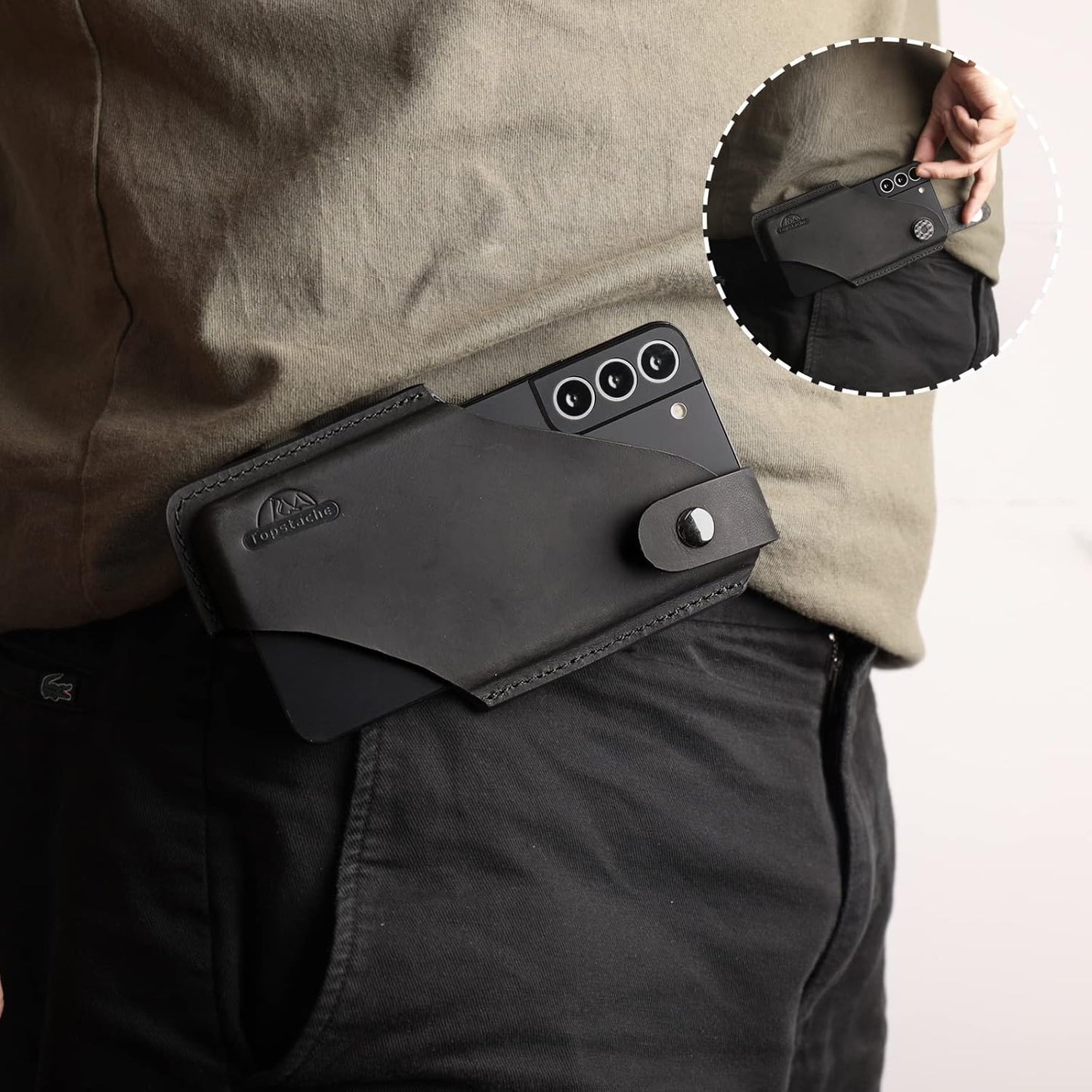 Topstache Leather Belt Phone Holster with Magnetic Closure, Case for iPhone & Samsung, Black, Large