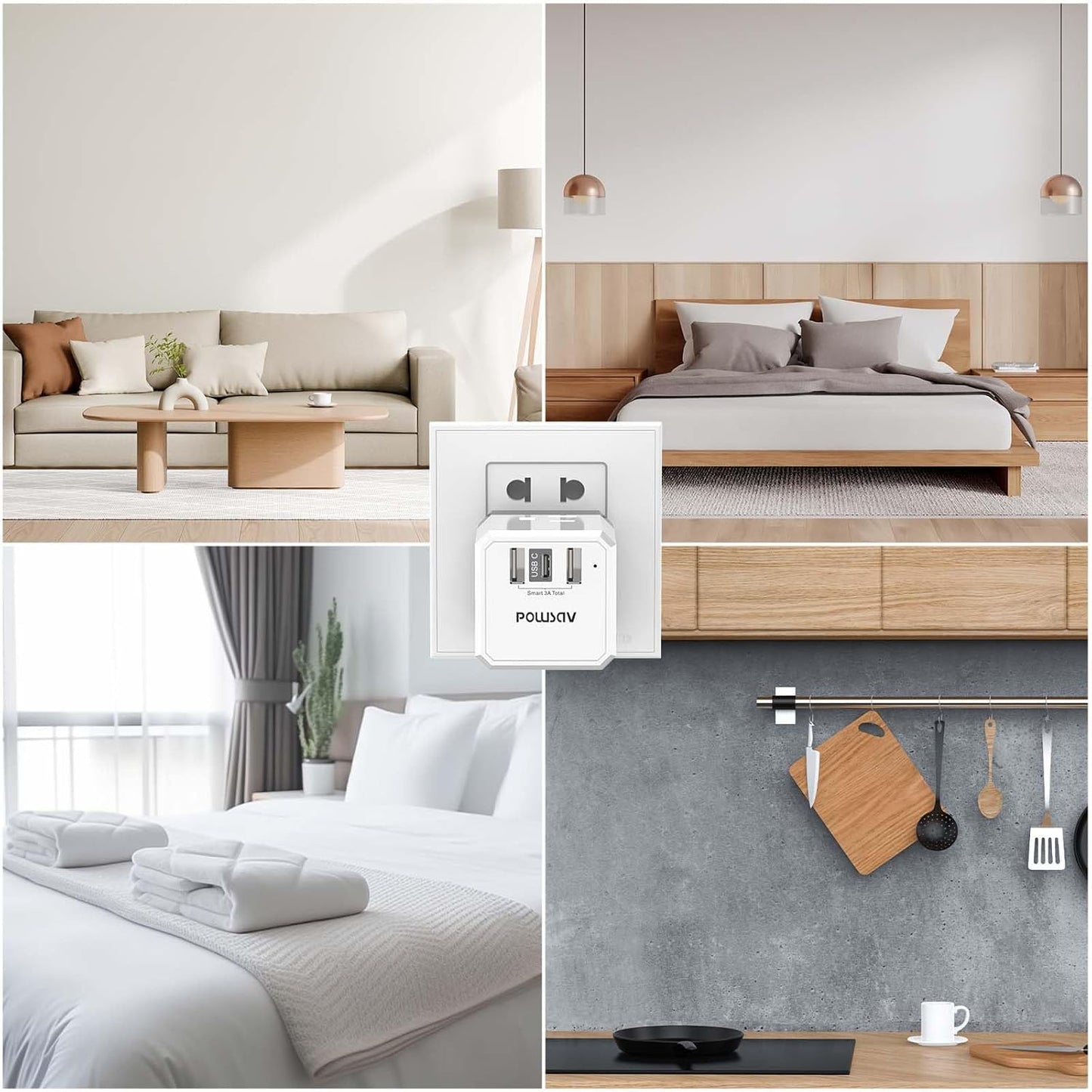 Cruise Ship Essentials, 3-Side Outlet Splitter with 3 USB Ports(1 USB C) USB Wall Charger, Outlet Extender for Home, Office and Cruise, ETL Listed, White