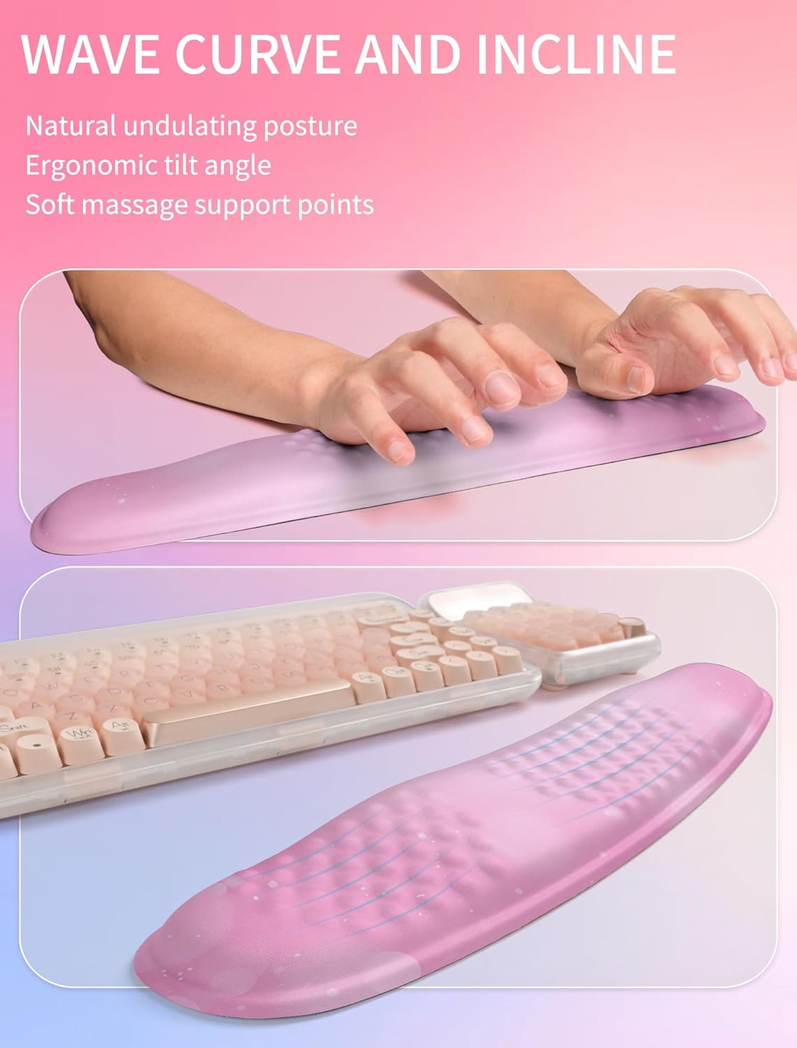 Hokafenle 2in1 Combination, Wave Keyboard Wrist Rest and Ergonomic Curvature Mouse Pad Wrist Support for Relieve Wrist Pain, Filled with Soft Cushion Memory Foam, Romantic Pink