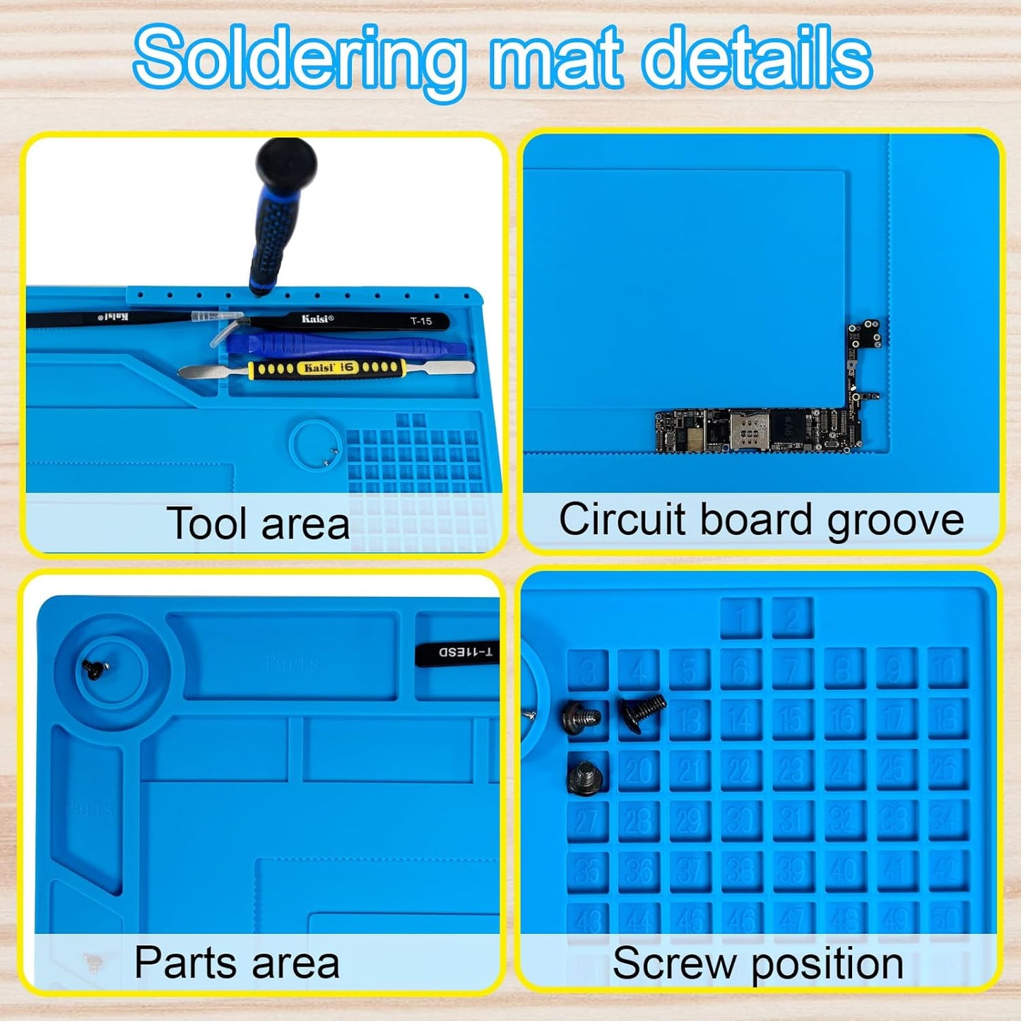 Kaisi Soldering Mat,15.35" x 10.6" Inch Heat Resistant Silicone Work Mat,Solder Pad for Soldering,Screws,Tools Repair Pad,Soldering Gun Iron Workbench Protection