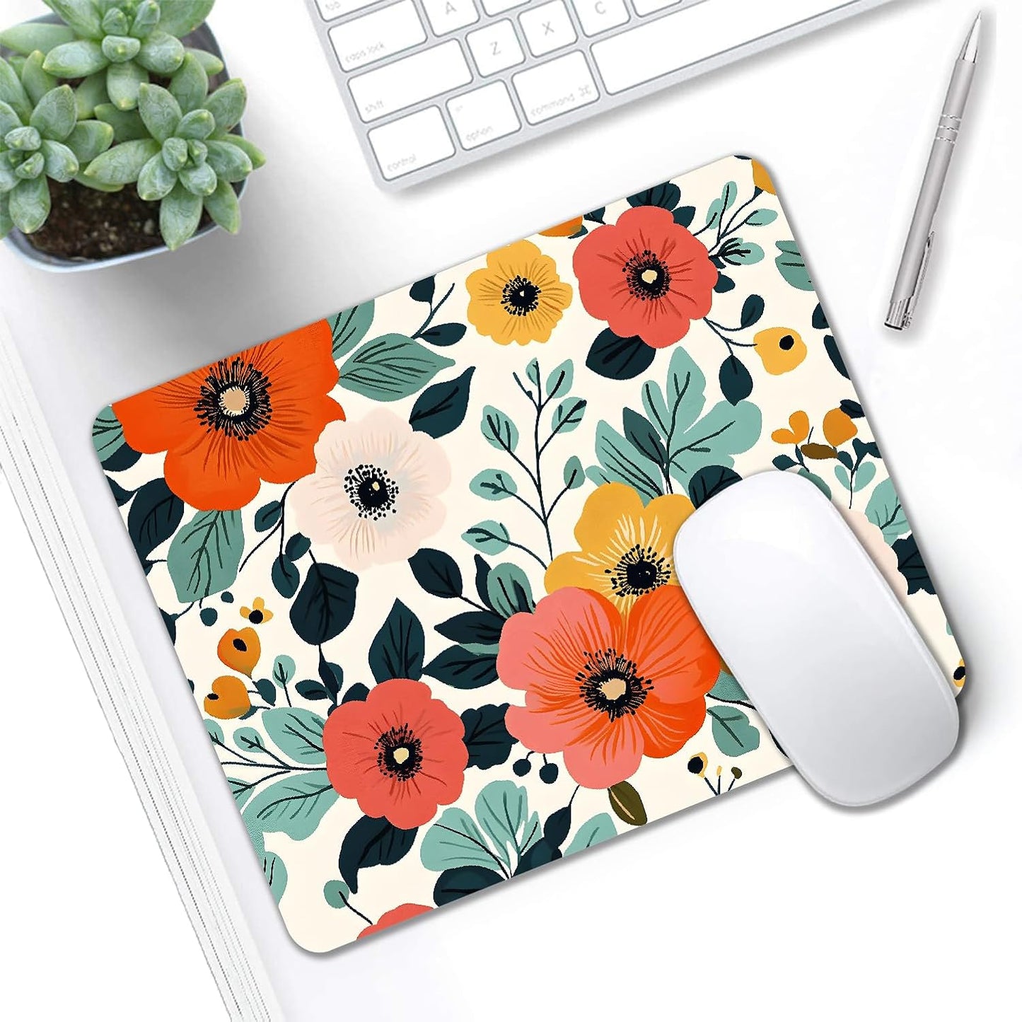 Mouse Pad, Cute Floral Pattern Flower Mouse Pads for Desk, 9.5" x 7.9" Non-Slip Rubber Base Computer Mousepad with Women, Portable Square Design for Wireless Mouse and Pad Laptop Office & Travel
