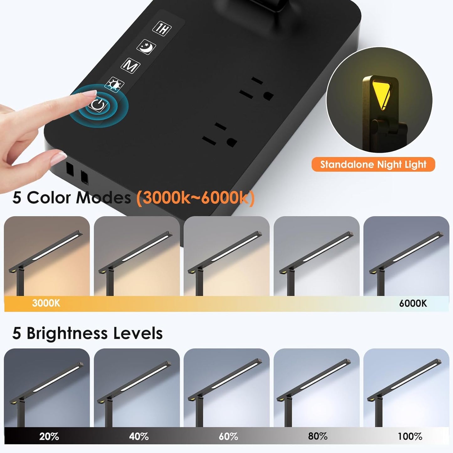 Infiway Desk Lamp with USB Charging Port: LED Desk Lamps for Home Office - 1 USB-A, 1 Type-C Charging Port, 2 AC Power Outlets, Touch Control Dimmable 5 Color 5 Brightness, Night Light(Black)