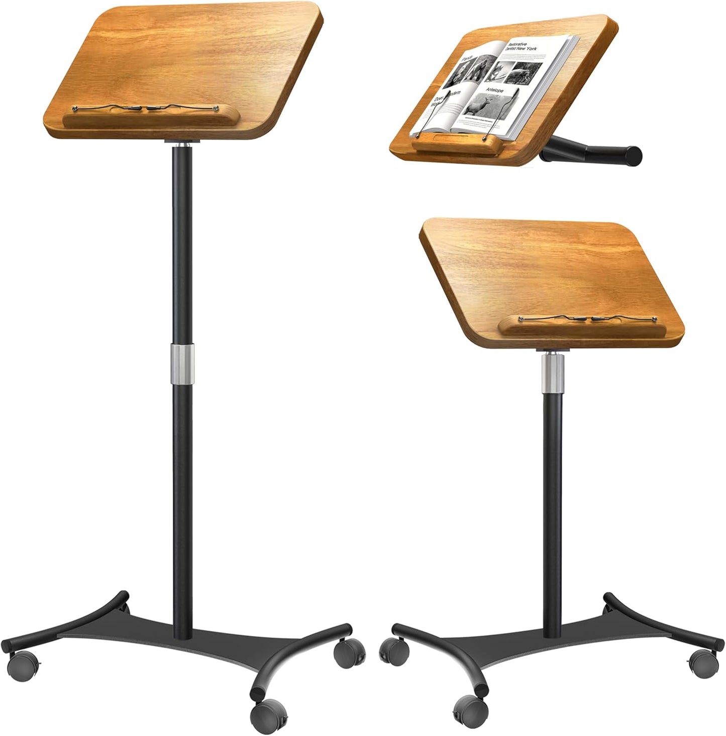 NAMON Rolling 2-in-1 Dual-use Music Stand & Desktop Book Stand, 100% Solid Wood, Height Adjustable from 16.5" to 51", with 4 Lockable Casters & Page Clips (with Large Panel: 16.5 * 11.8IN)