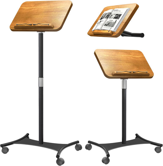 NAMON Rolling 2-in-1 Dual-use Music Stand & Desktop Book Stand, 100% Solid Wood, Height Adjustable from 16.5" to 51", with 4 Lockable Casters & Page Clips (with Large Panel: 16.5 * 11.8IN)