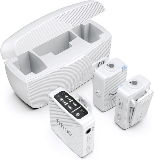 FIFINE Wireless Lavalier Microphone System, Lapel Dual Microphones Clip-on for Video Recording, Vlog, Interview, Podcast Mic Kit Compatible for iPhone, Camera, Smartphone, 30H Battery Life-M9 White