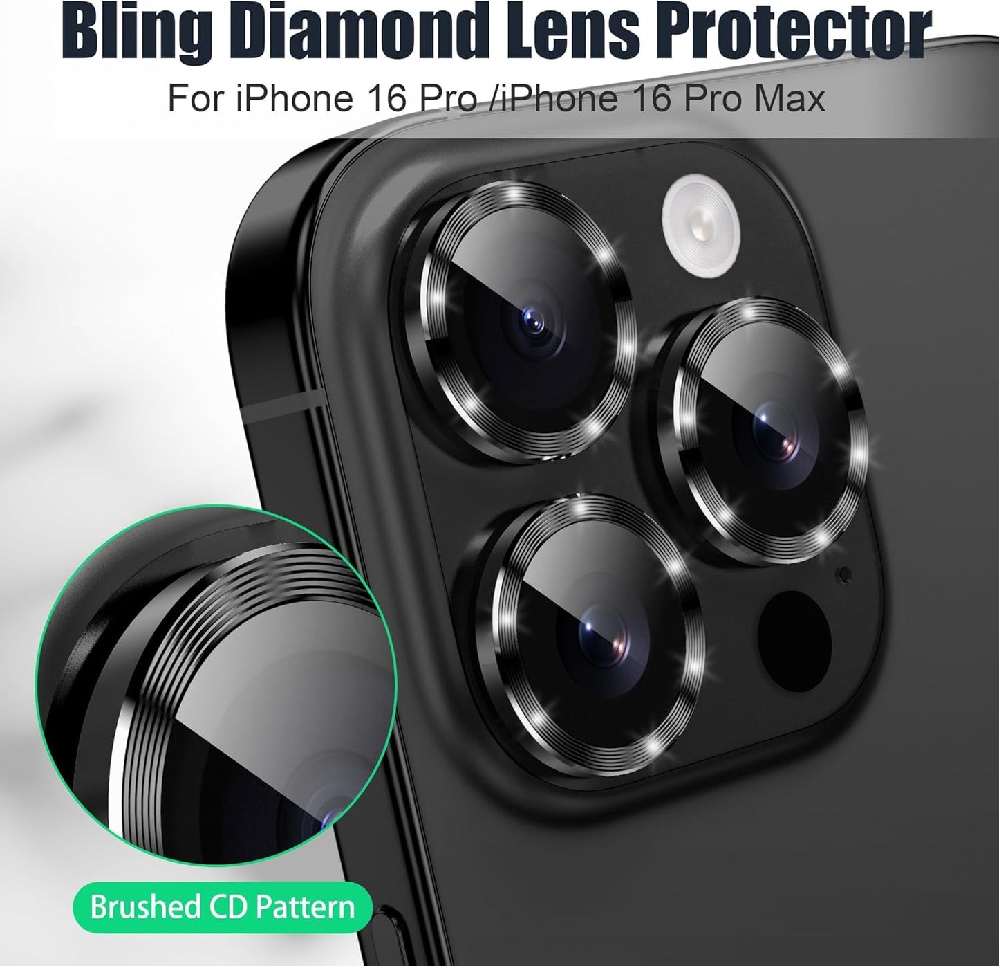 AGVEE 3+3 6 Pack for iPhone 16 Pro 6.3" / 16 Pro Max 6.9" Camera Lens Cover Protector, Bling Glitter & CD-Textured Metal Ring 9H Tempered HD Glass Camera Cover Protector Film, Glitter-Black