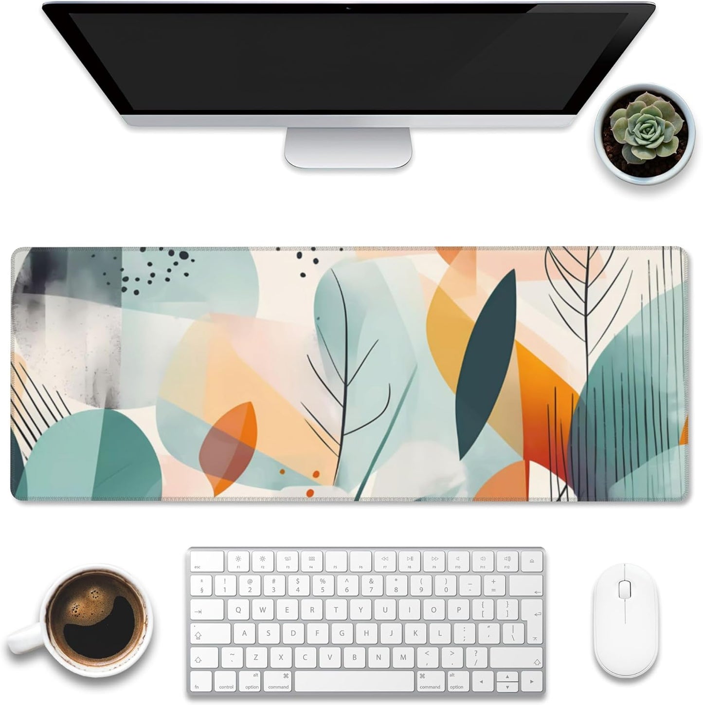 Desk Pad, Abstract Colorful Leaves Desk Mat, Large Gaming Mouse Pad with Non-Slip Base and Stitched Edge, 31.5"x11.8"