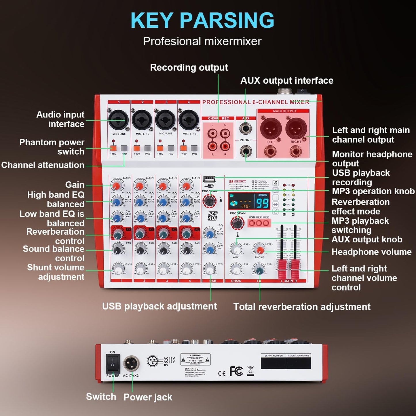 MW-6 6 Channel Professional DJ Audio Mixer, Portable Controller Mixer with DSP 99 Preset Effects for Live Streaming, Podcasting, Family Party (mw-6 white)
