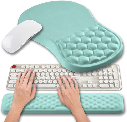 Hokafenle 2 in 1 Ergonomic Mouse Pad Wrist Support & Wrist Rest for Computer Keyboard Set, with Relieve Carpal Tunnel Pain Massage Bulge and Full Memory Gel Design (2In1 Set, Light Blue)