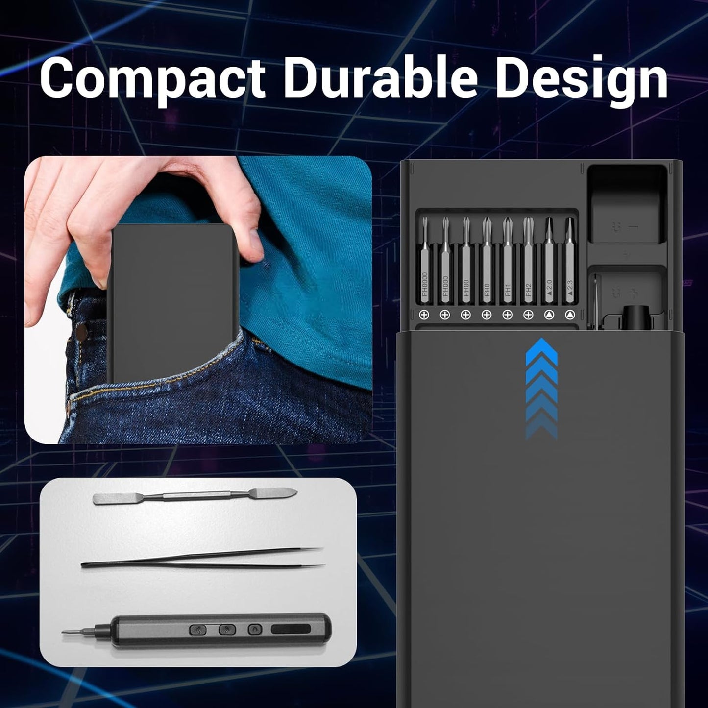 Mini Electric Screwdriver Set for Phone Watch Electronics PC Glasses with 68-in-1 Magnetic precision S2 bits, Adjustable Torque LED lights, Cordless Portable long runtime Rechargeable Type-C port