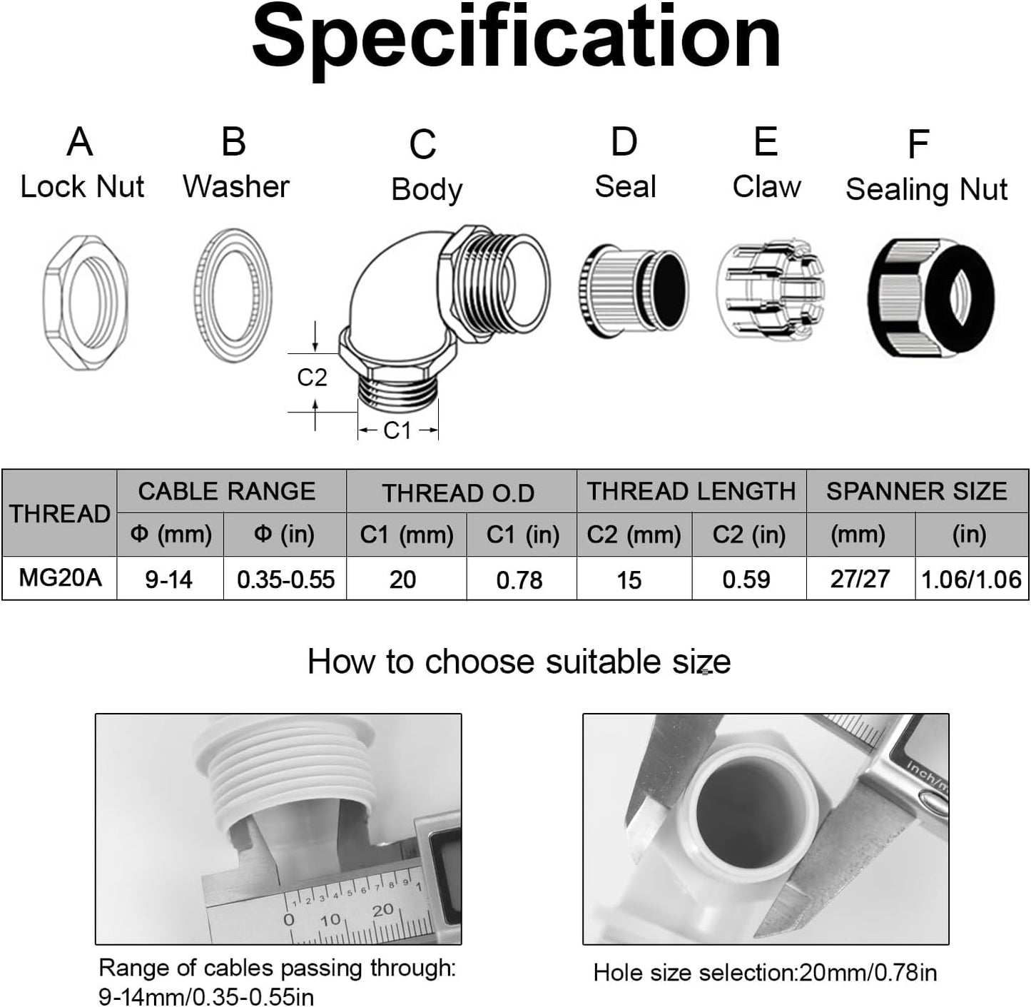 LeMotech M20 Cable Gland, 90 Degree Adjustable 9-14mm Strain Relief, Cord Connectors Nylon Joints with Gaskets, 6 Pcs, Grey