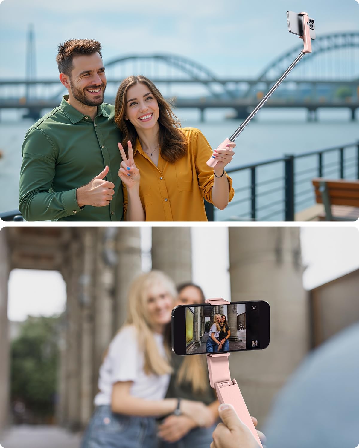 Viozon Portable Selfie Stick, Lightweight Extendable Stainless Steel Tube,All-in-One Compact Selfie Stick with Wireless Remote Compatible with 4-7" iPhone/Android Phones for Vlog/Travel/Filming, Pink
