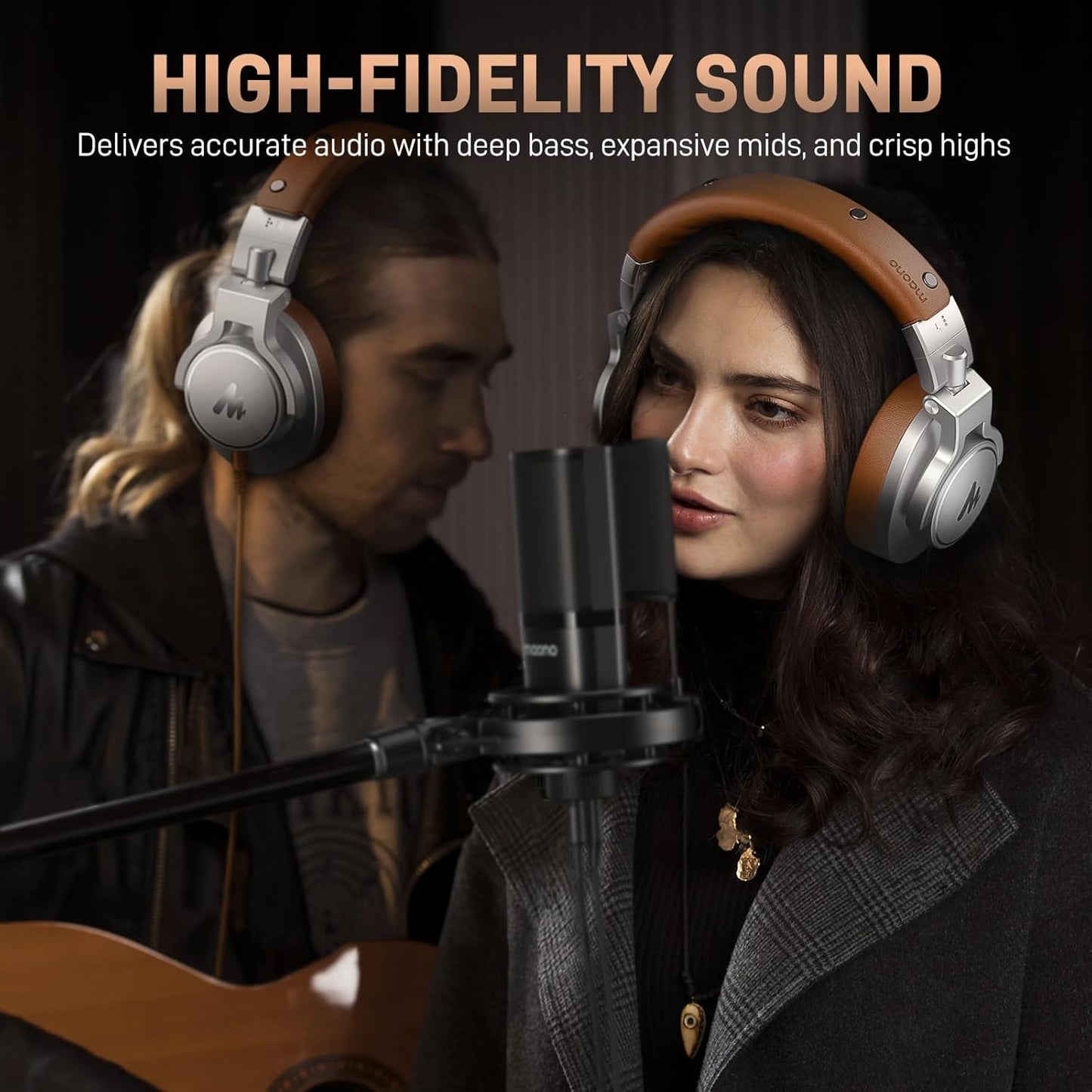 MAONO Professional Studio Monitor & Mixing DJ Headphones - Over Ear Closed Back Stereo Wired Headphones for Guitar AMP, Podcast, Recording, Streaming, PC, Music, Keyboard, MH700 Silver