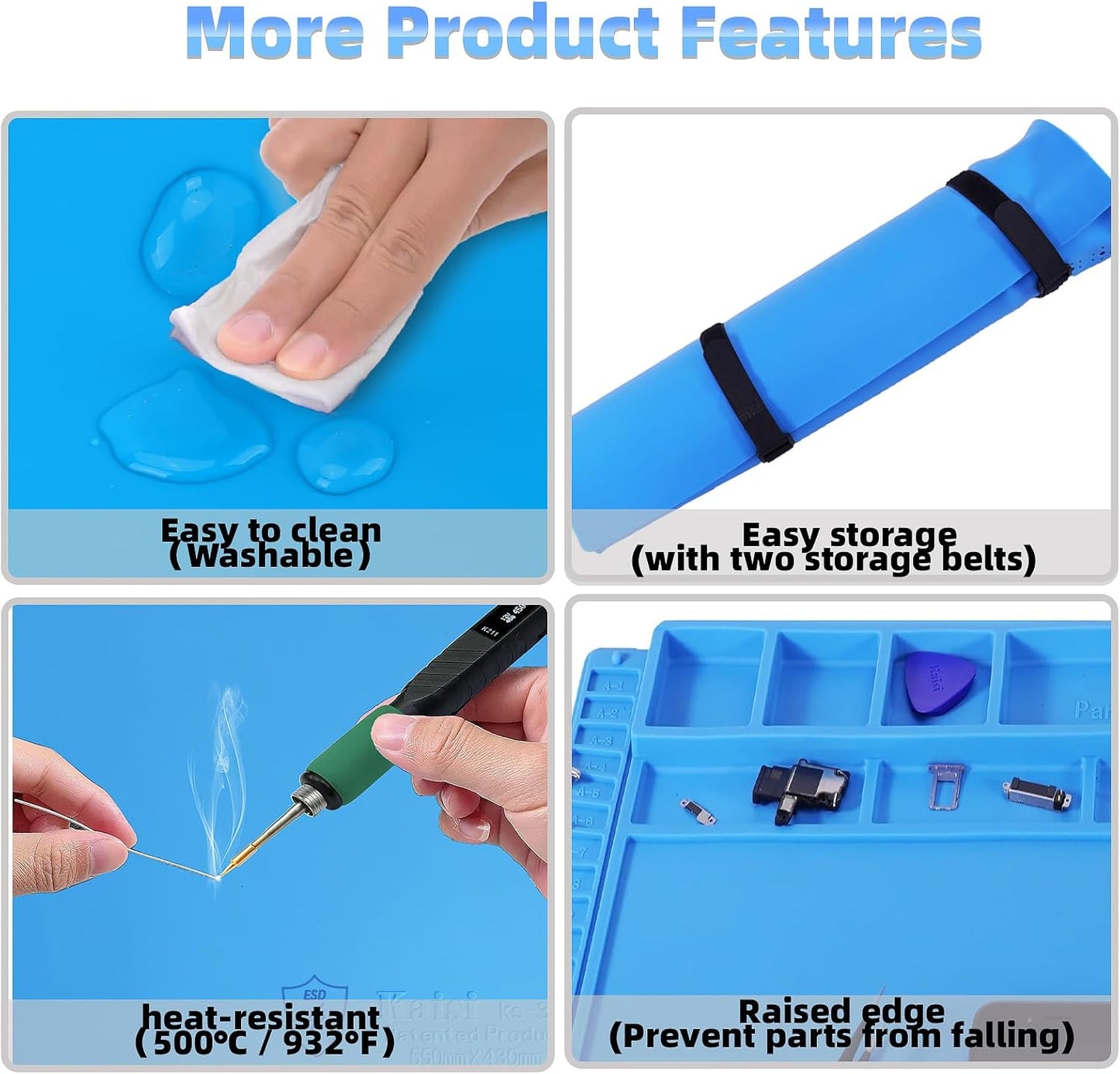 Kaisi Large Anti Static Mat with Grounding Accessories,Heat Resistant Silicone Soldering Mat,Magnetic Work ESD Pad for pc building, Electronics, Laptop, Cellphone Repair Soldering 21.6" x 16.9"