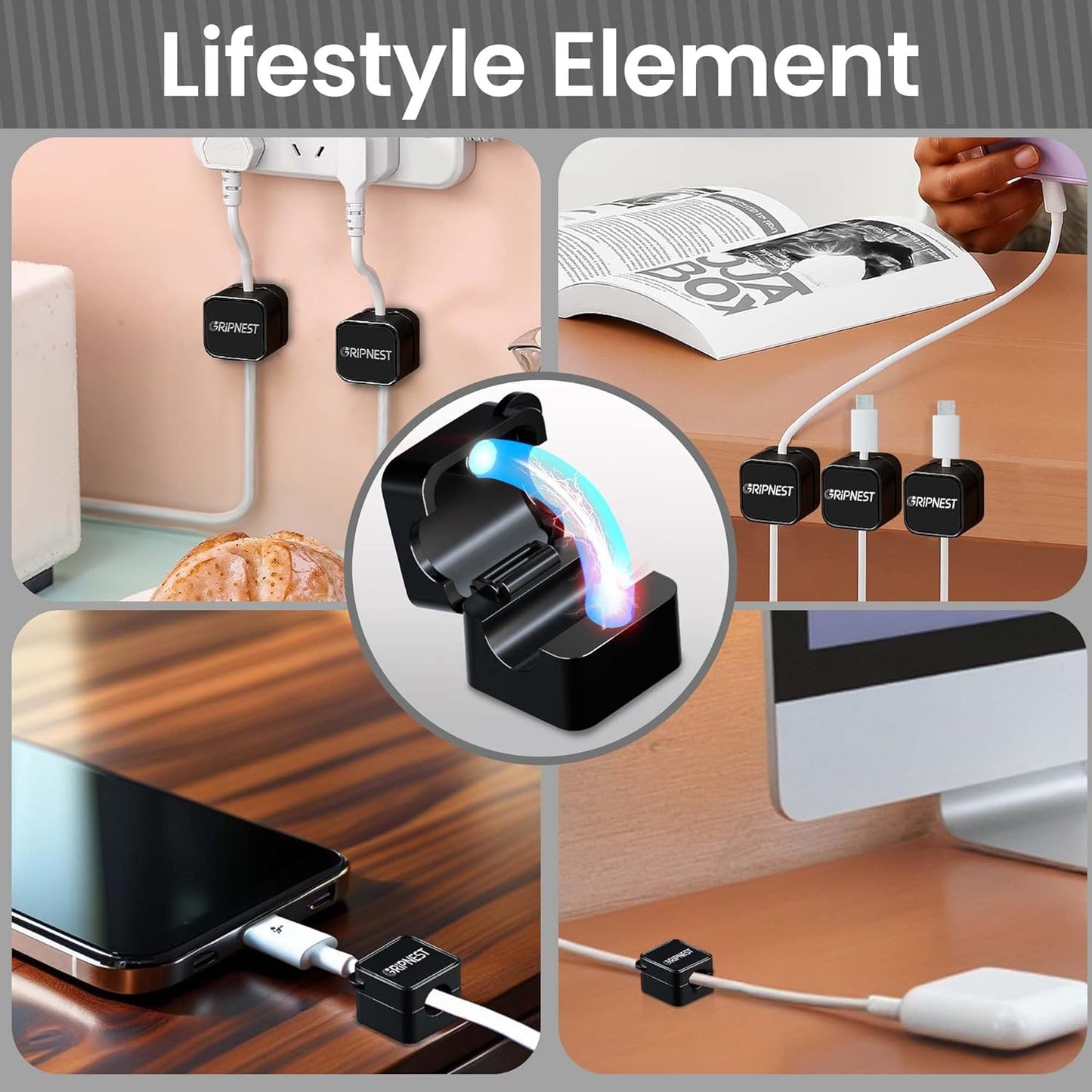 8 Pack Magnetic Cable Clips for Desk, Strong Adhesive Cord Organizer for Cable Management, Reusable Cord Management to Keep Wires Neat for Home, Office, Car & Nightstand