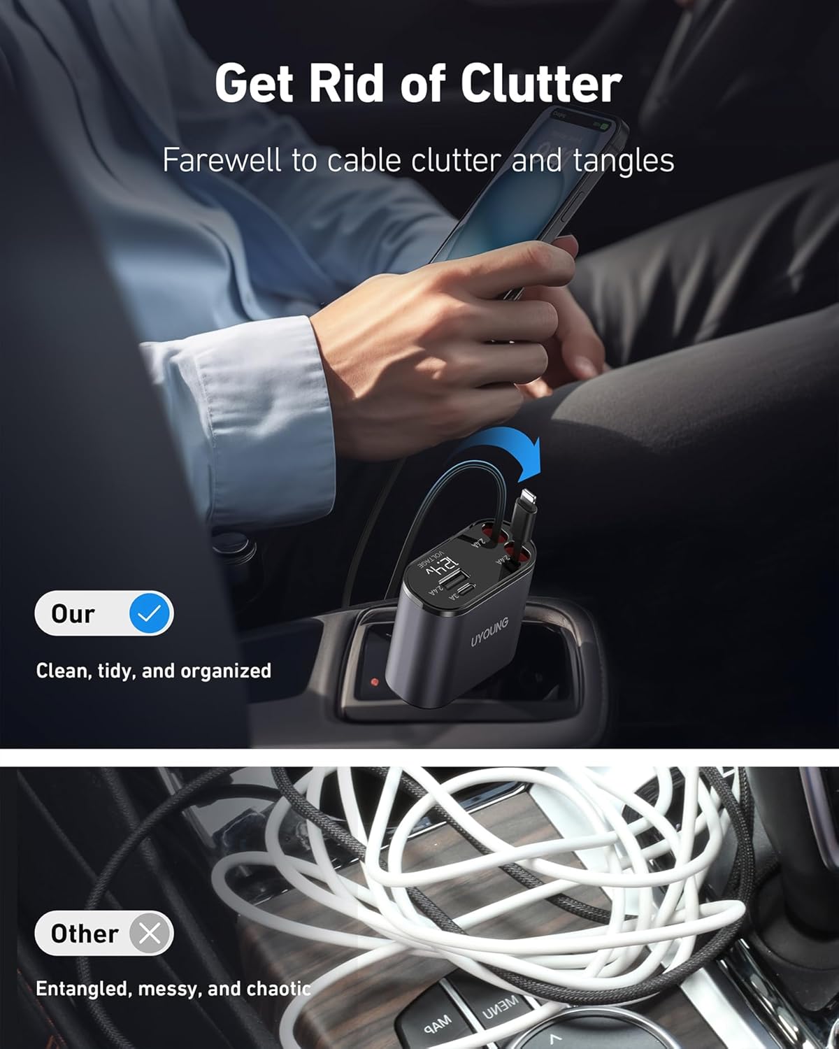 iPhone Car Charger 4 in 1 Fast USB Car Phone Charger 20W Double Lightning Retractable Cables 31.5 Inch and 2 USB Ports Car Charger Adapter for iPhone 14/13/12 Pro Max/XR/XS,Samsung,Pixel,iPad