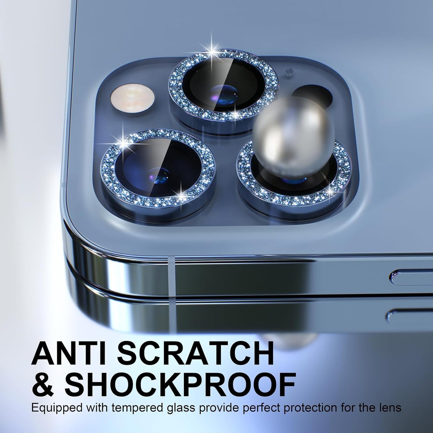 Choiche [3+1 for iPhone 13 Pro/iPhone 13 Pro Max Camera Lens Protector Bling, 9H Tempered Glass Camera Cover Screen Protector Metal Ring Decoration Accessories (Glitter-Sierra Blue)