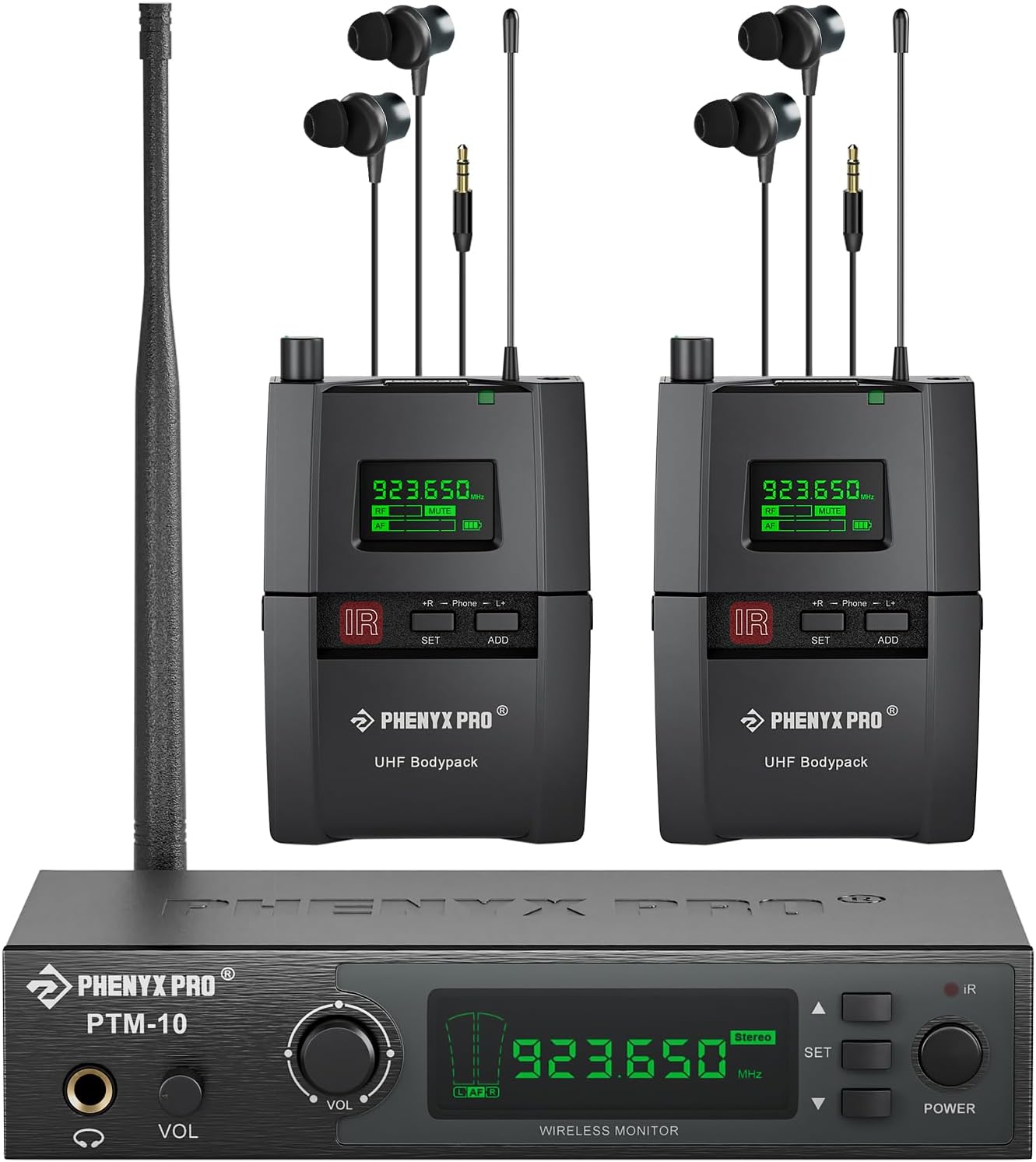 Phenyx Pro Wireless in Ear Monitor System, True Stereo UHF IEM, in Ear Monitors for Musicians, Metal Stage Monitor w/ 89 Frequencies, Rack Mount, for Studio/Band (2 Bodypacks with Transmitter)
