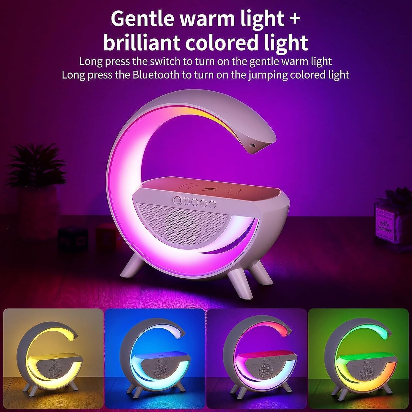 Table Lamp with Bluetooth Speaker, G Bedside Lamp with 15W Wireless Charger, Atmosphere Desk Lamp with Alarm Clock, RGB Bedside Nightstand Lamp, Hi-Fi Sound, Time Display