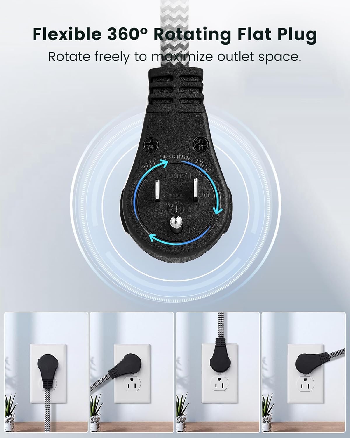 SURAIELEC 2 Pack Flat Extension Cord 3FT, 360° Rotating Plug, Braided Flat Plug with 3 Outlets, 16 AWG Thin Black Extension Cord for Indoor Use, Home, Office, Compact Spaces, ETL Listed