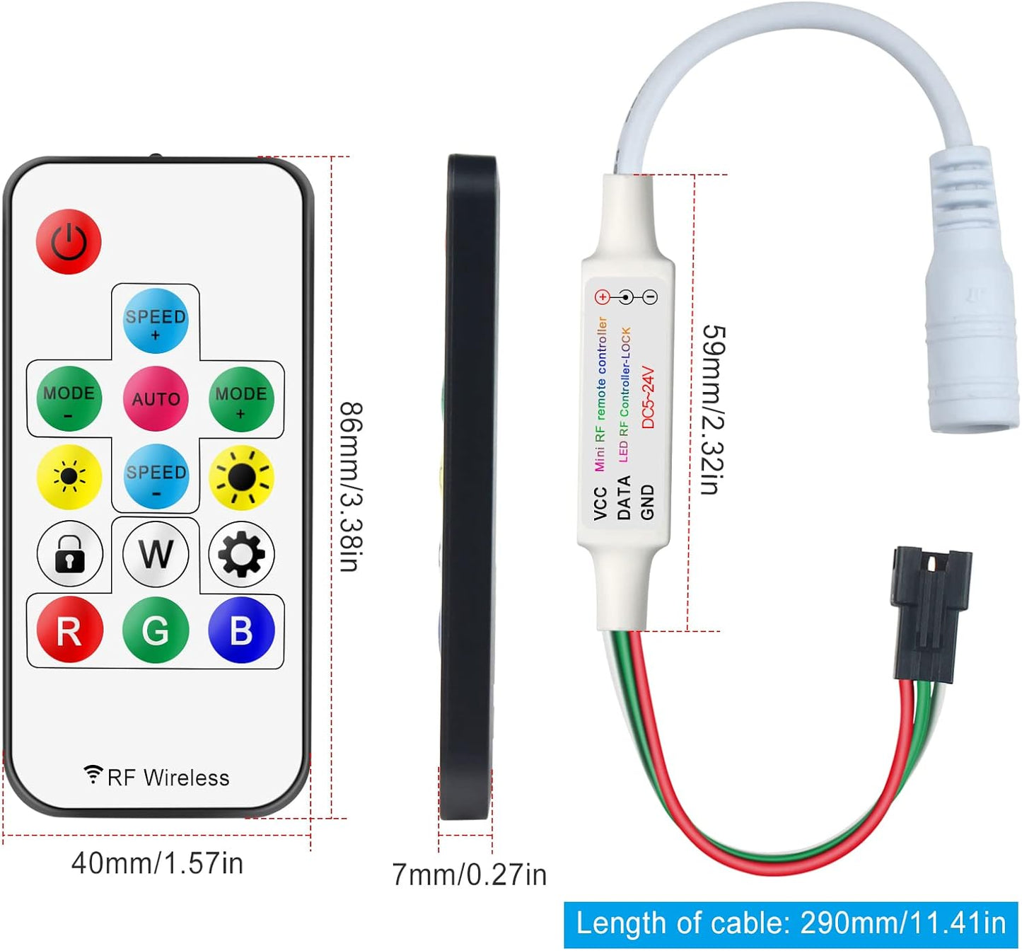 RGBZONE RF 3-PIN LED Controller, RF Wireless Remote Control, DC 5V/12V/24V Mini LED Controller for WS2812 WS2811LED Strip Light (14 Key)