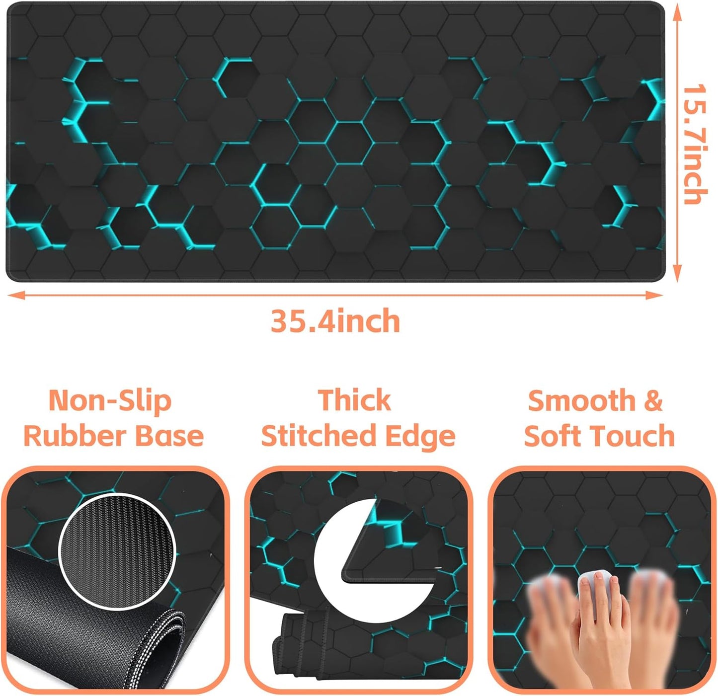 Mouse Pad Large Abstract Hexagonal Neon Non-Slip Game Desk Mat with Stitched Edge Laptop Keyboard Desk Pad for Work Home Gaming (35.4 x 15.7 Inches)