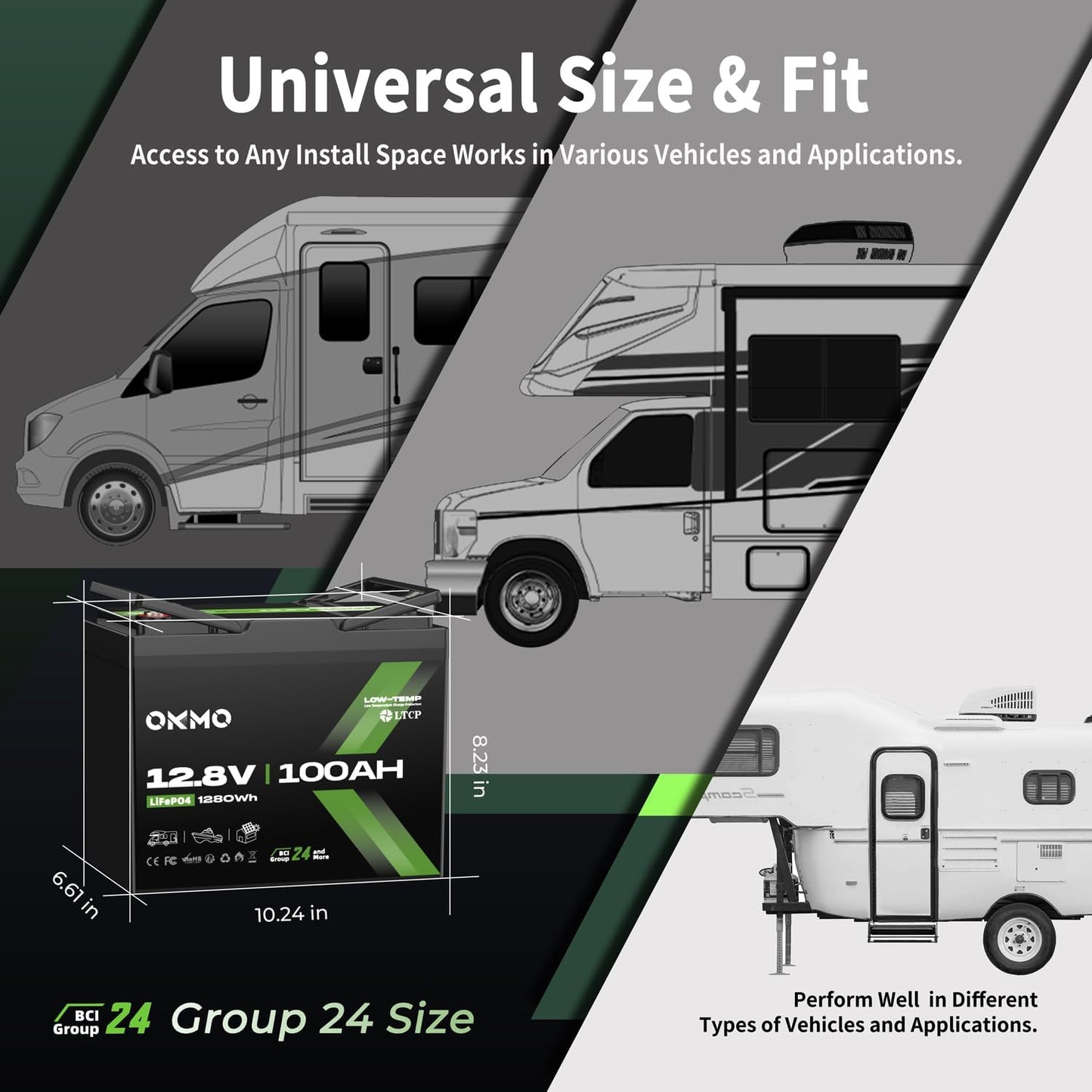 OKMO 12V 100Ah LiFePO4 Battery,Group 24 Lithium Battery 100A BMS，10 Years Lifetime 15000+ Deep Cycles,for Marine, RV, Trolling Motor, Boat, Camper, Solar Home Storage Iron Phosphate Battery