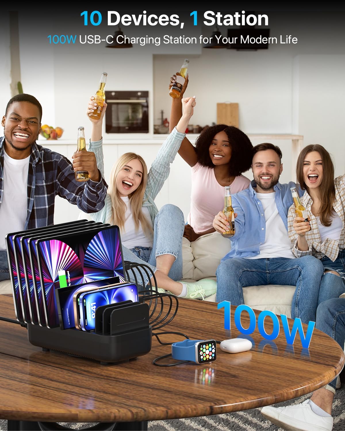 SooPii USB Charging Station,100W Fast Charging Station for Multiple Devices with 10pcs USB C Cables, 10-Port Type C Phone Charger Station Organizer Compatible with lPad,Tablet,Kindle and More(Black)