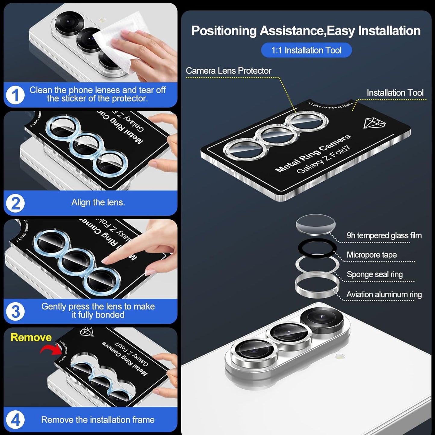 for Samsung Galaxy Z Fold 7 Camera Lens Protector, Individual Metal Ring Tempered Glass Lens Cover, [Strong Adsorption] Scratch Resistant Ultra-Thin HD Clear Lens Cover, 1 Set-Gray