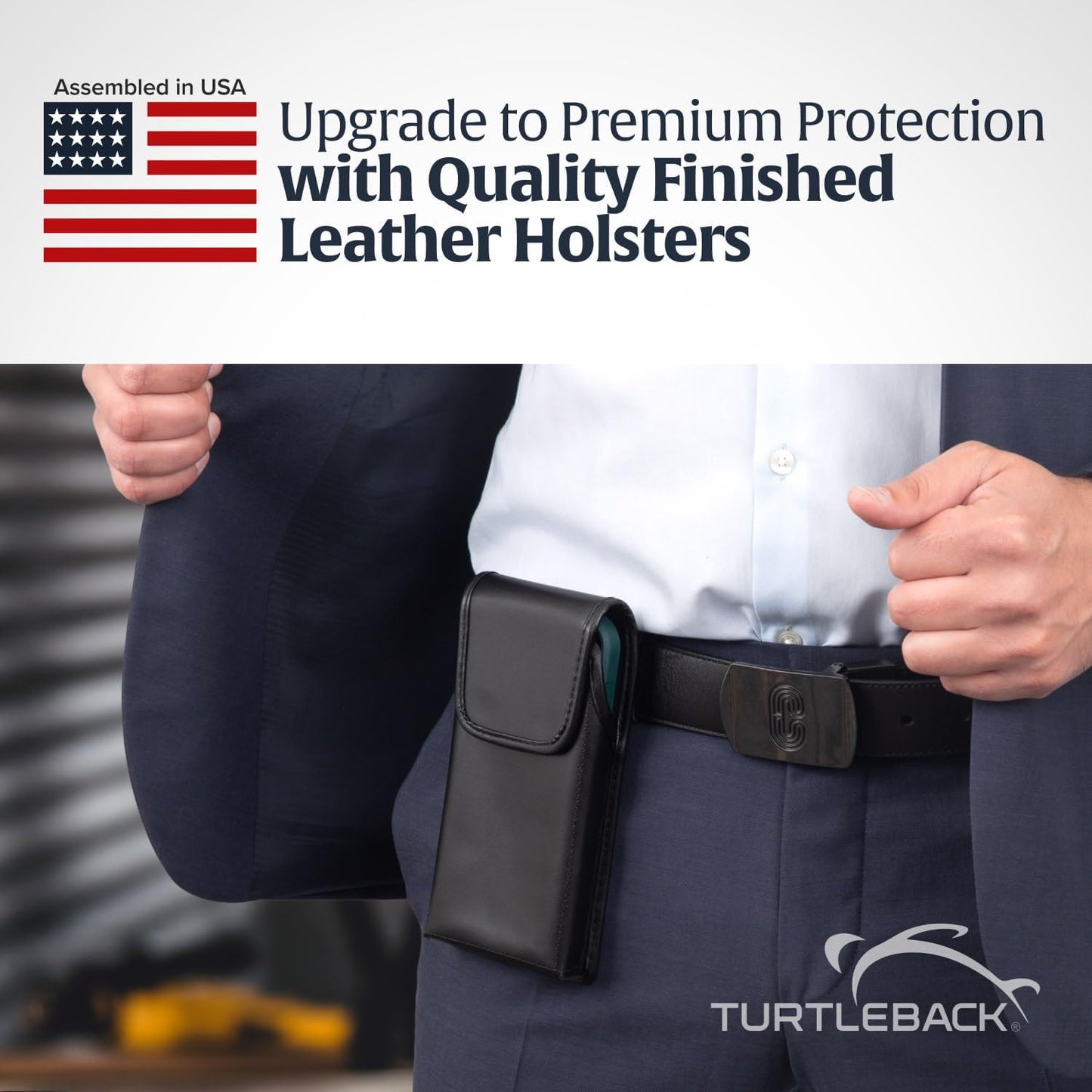 Turtleback Belt Clip for iPhone 16 Pro Max, 15 Pro Max, 14 Pro Max -Medium- Fits w/Shockproof Commuter Style Cases, Premium Black Leather Vertical Belt Holder, Magnetic Closure HD Rotating Clip