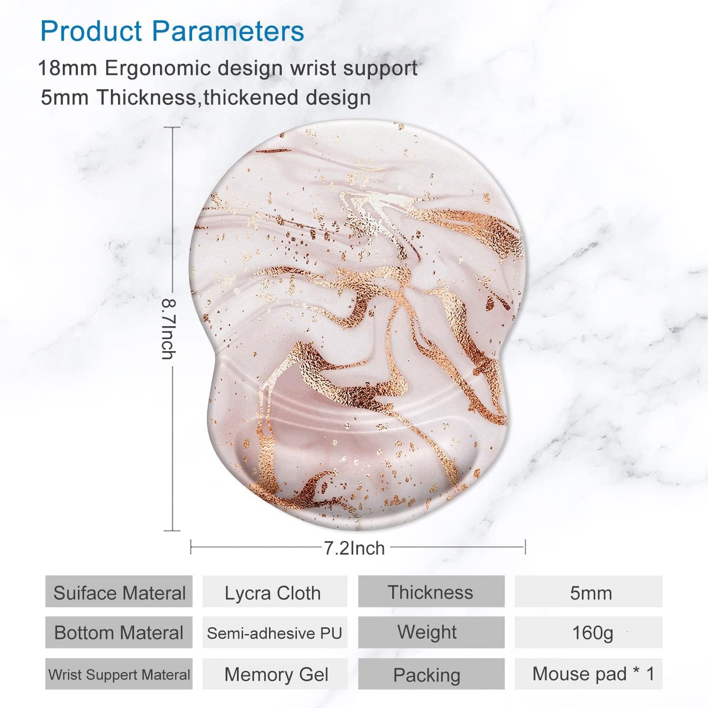 ITNRSIIET Ergonomic Mouse Pad with Gel Wrist Support Small Wrist Rest Smooth Surface Non-Slip PU Base Comfortable Office Supplies Pain Relief, 8.7 x 7.2 inches, Rose Gold Marbling