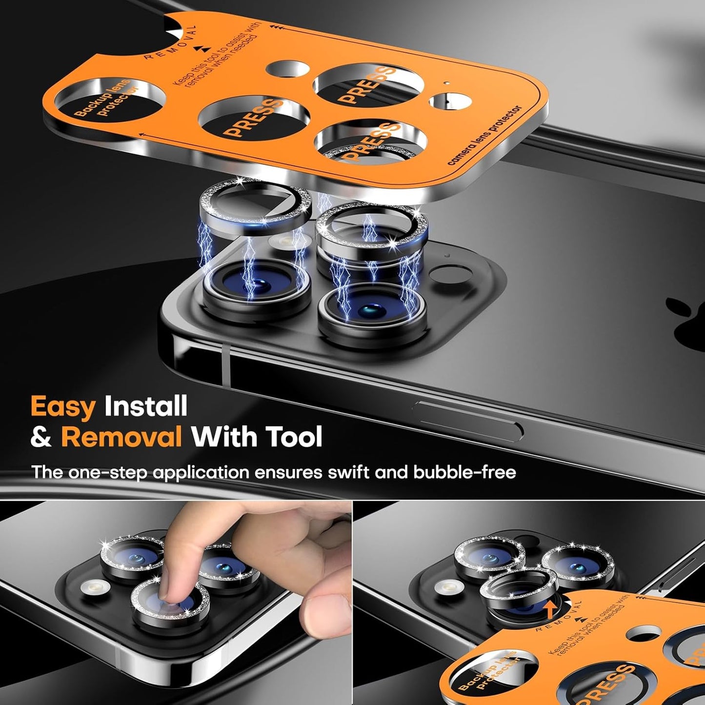 Camera Lens Protector for iPhone 16 Pro Max/16 Pro/15 Pro Max/15 Pro/14 Pro Max/14 Pro, Sapphire Glass Metal Individual Camera Cover Screen, Anti-drop, Case Friendly- Glitter Black Titanium