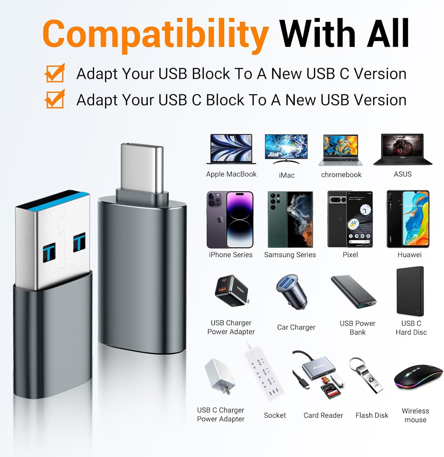 𝟒𝐏𝐚𝐜𝐤 𝐔𝐩𝐠𝐫𝐚𝐝𝐞𝐝 USB to USB C Adapter,USB C Male to USB 3.0 Female OTG Converter for iPhone 16 15 14 13 Plus Pro Max,Apple Watch,Airpods,S24 Ultra, Gender Changers OTG Adapters - Gray