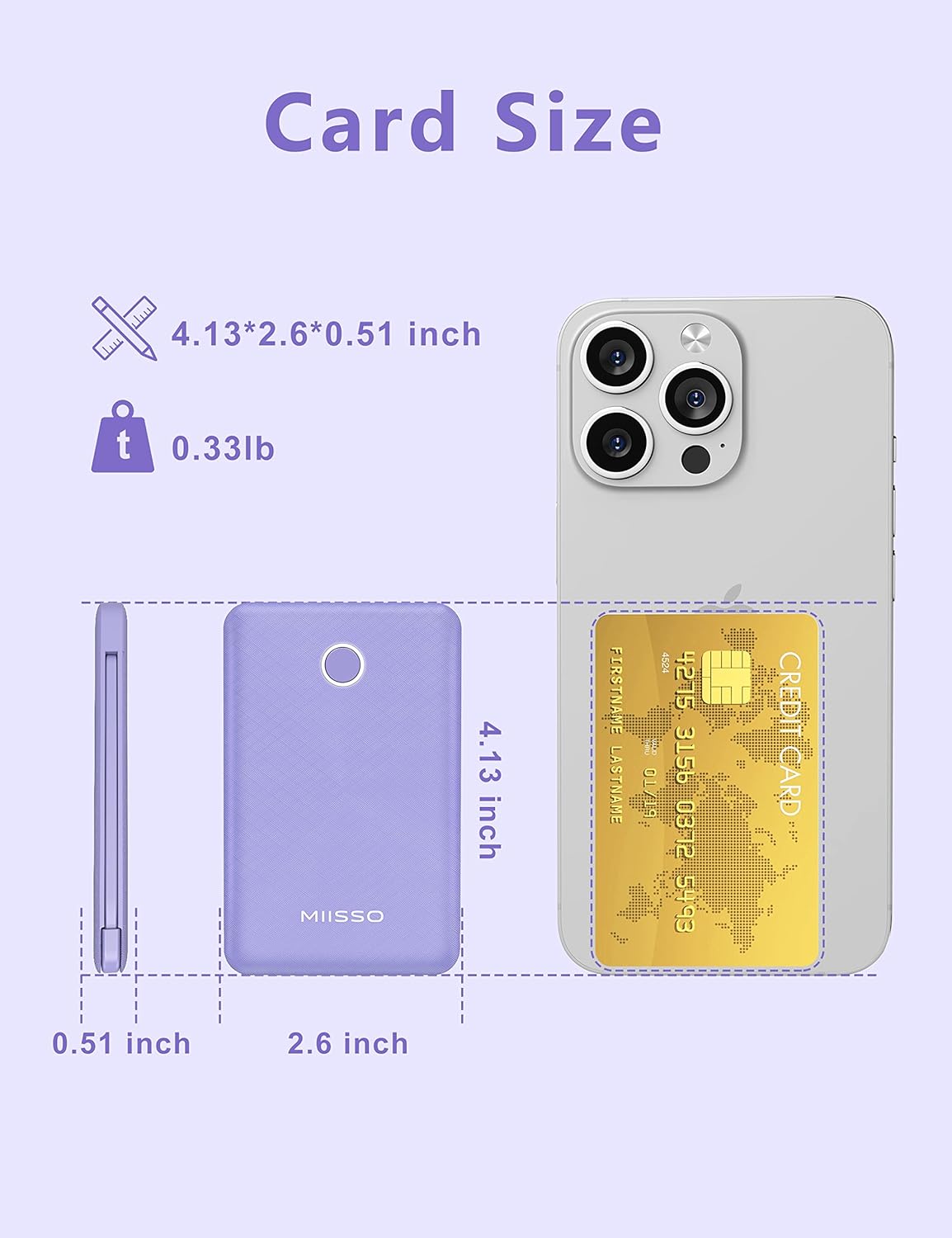 2-Pack 6000mah Ultra Slim Built in Cables Power Bank, Card Size Built in USB C Cords Battery Pack Portable Charger for Phones, 3 Output External Battery Pack Compatible with iPhone, White & Purple