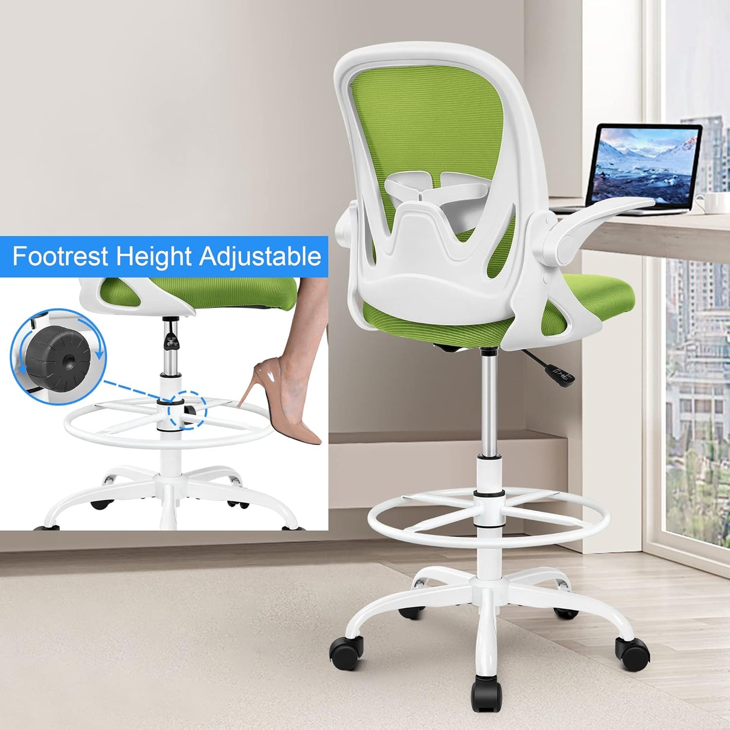 Primy Drafting Chair Tall Office Chair with Flip-up Armrests Executive Ergonomic Computer Standing Desk Chair with Lumbar Support and Adjustable Footrest Ring (Green)