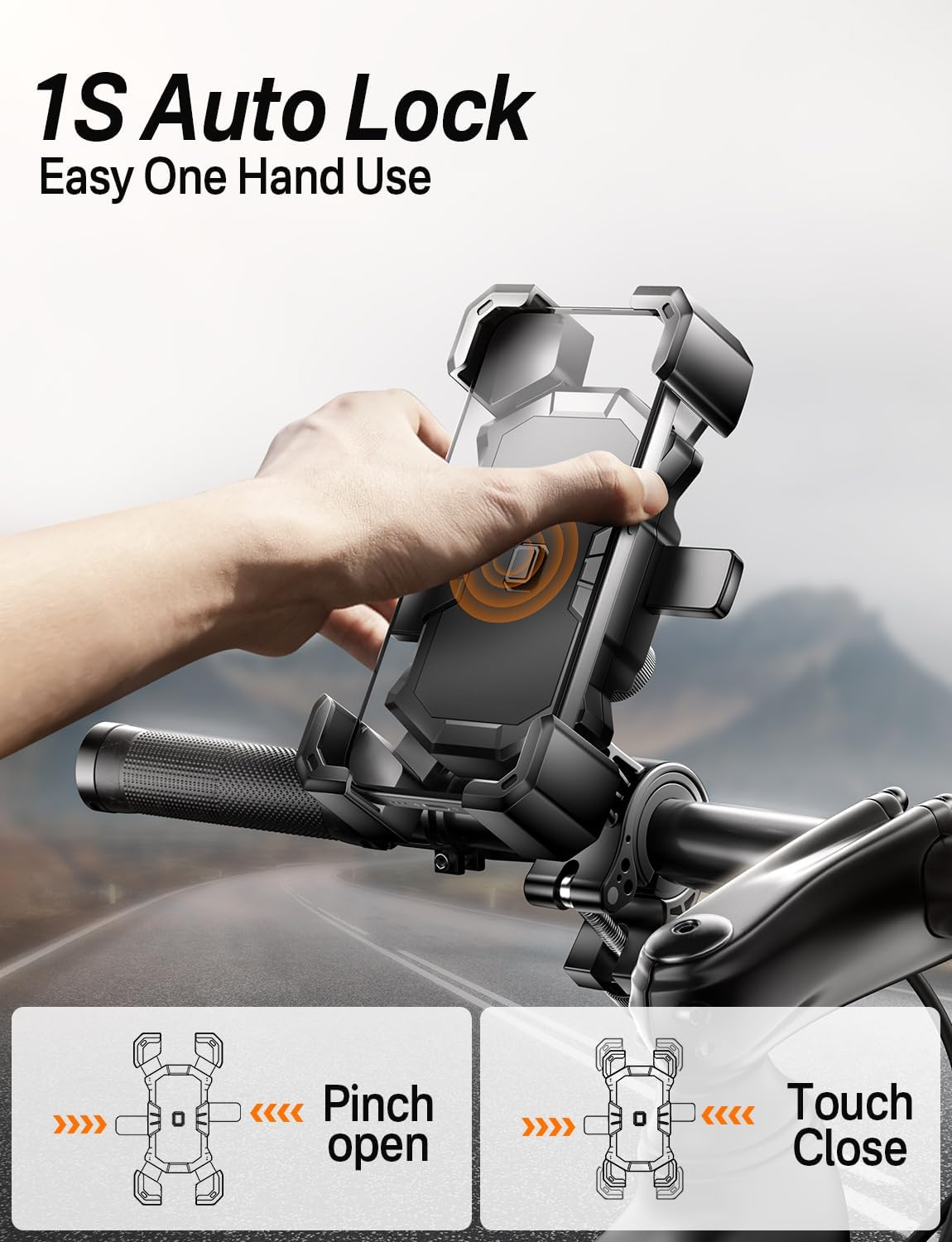 Bike Phone Holder Handlebar,Motorcycle Phone Mount,ATV Cell Phone Clamp,Scooter Phone Clip for iPhone 15 Pro Max14 13 12plus, Samsung S24Ultra S23 and More 4.7" to 7.0" inch Phone