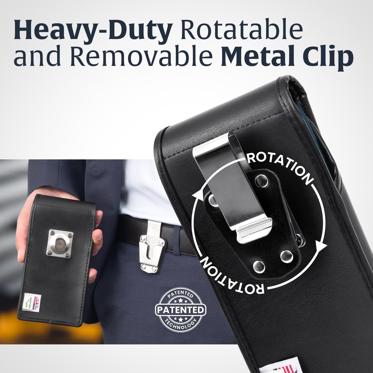 Turtleback Belt Clip for iPhone 16 Pro, 16e, 15 pro 14 Pro 13 Pro -Large- Fits w/Defender Bulky Style Cases, Premium Black Leather, Vertical Belt Holder, Magnetic Closure HD Rotating Belt Clip