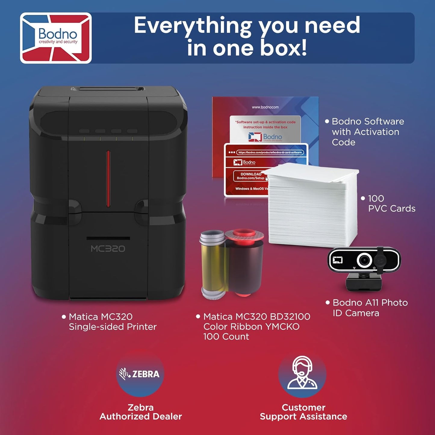 Bodno Matica MC320 Direct-to-Card Single Sided ID Card Printer & Complete Supplies Package Bronze Edition ID Software