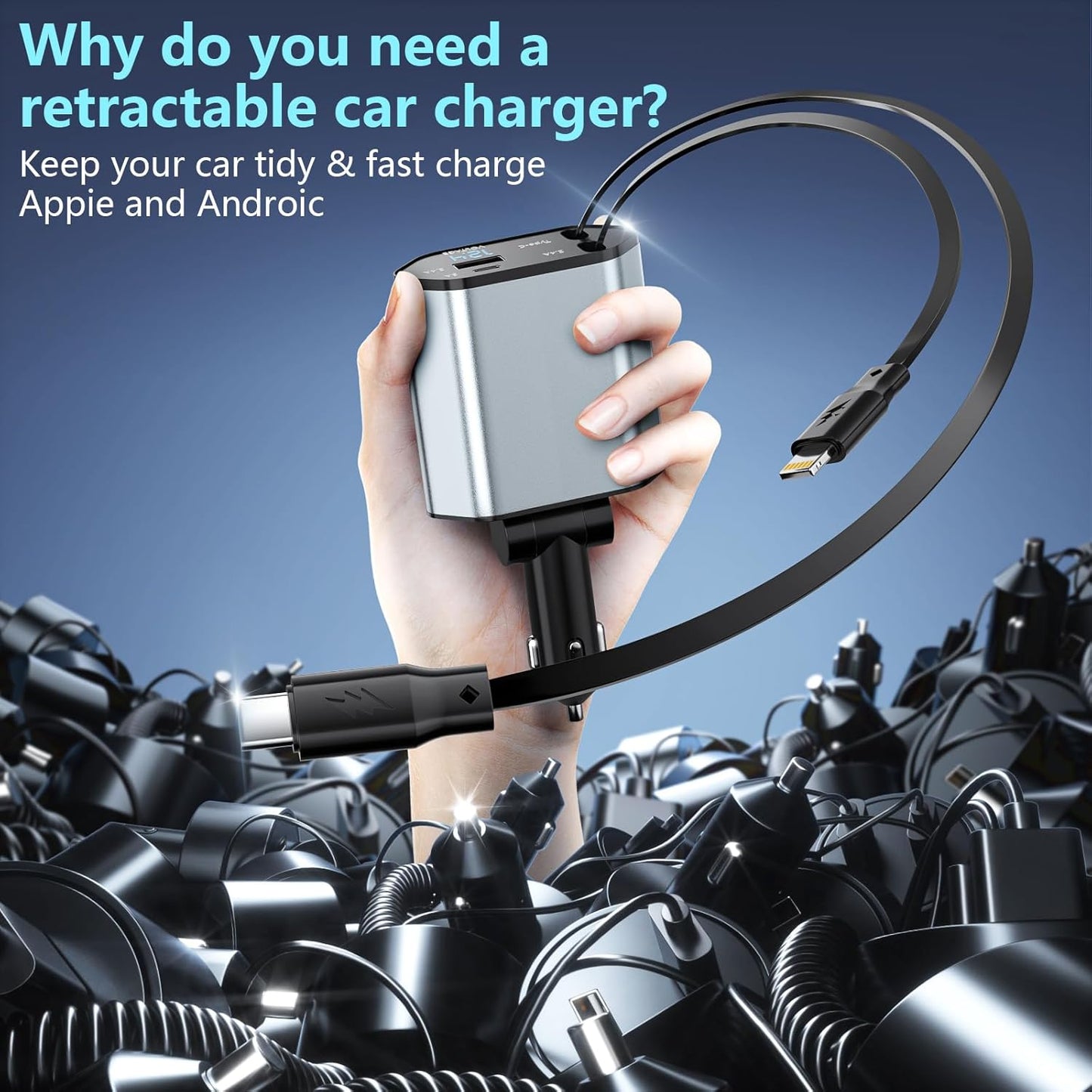 Retractable Car Charger, 120W 2.7Ft Retractable Cables and 4 Electronic Ports, Car Accessories Compatible for iOS & Android Cell Phones All Device Charging
