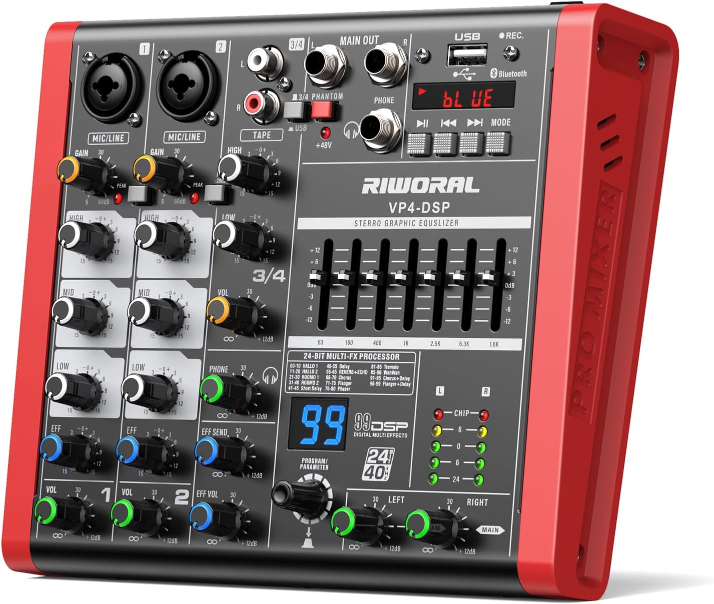 4 Channel Audio Interface DJ Mixer With 99 DSP Effects XLR 1/4 inch Jack For MIC/Musical Instrument USB PC Phone Bluetooth Music Audio Mixer for karaoke Stage Streaming Studio