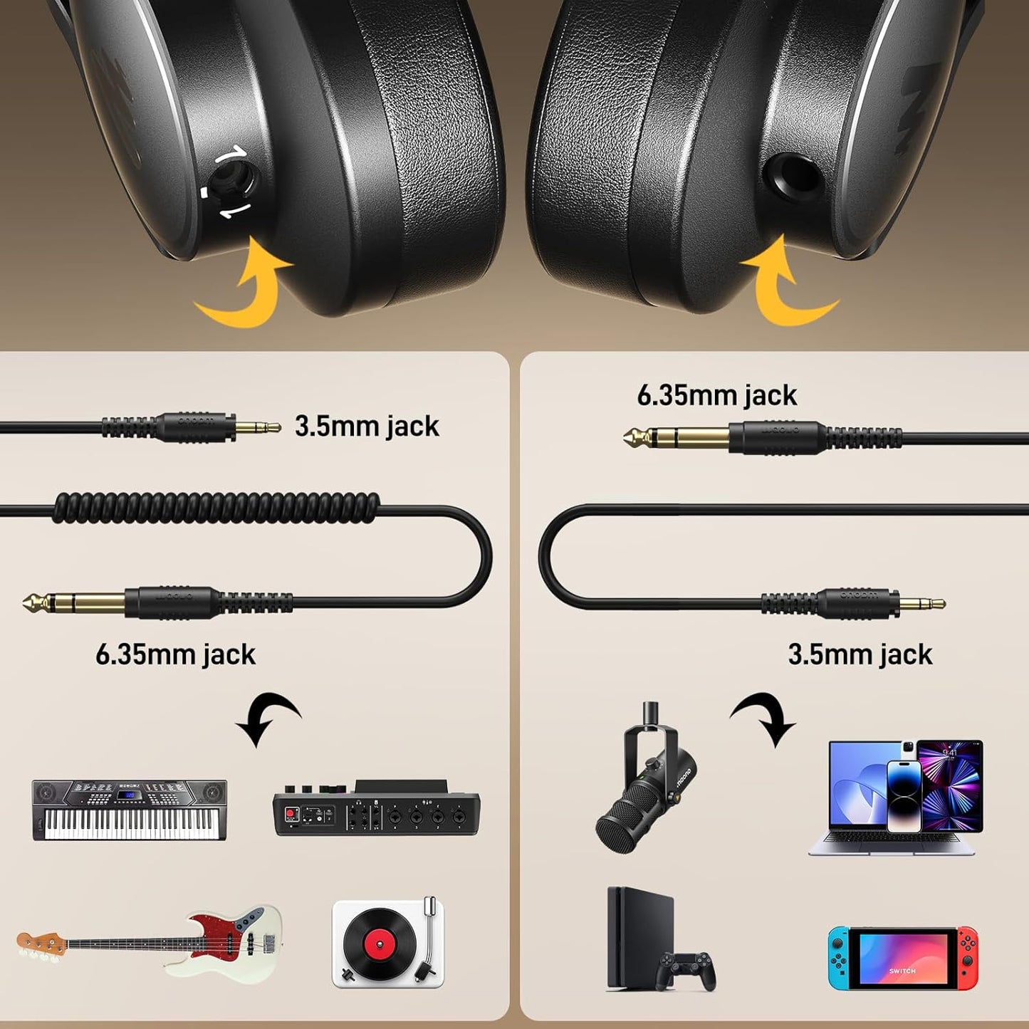 MAONO Studio Monitor Mixing DJ Headphones, 50mm Neodymium Driver Over Ear Wired Headphones with 3.5mm to 6.35mm Jack for Guitar AMP, Piano, Keyboard, Computer, Streaming, Recording, Podcast MH700