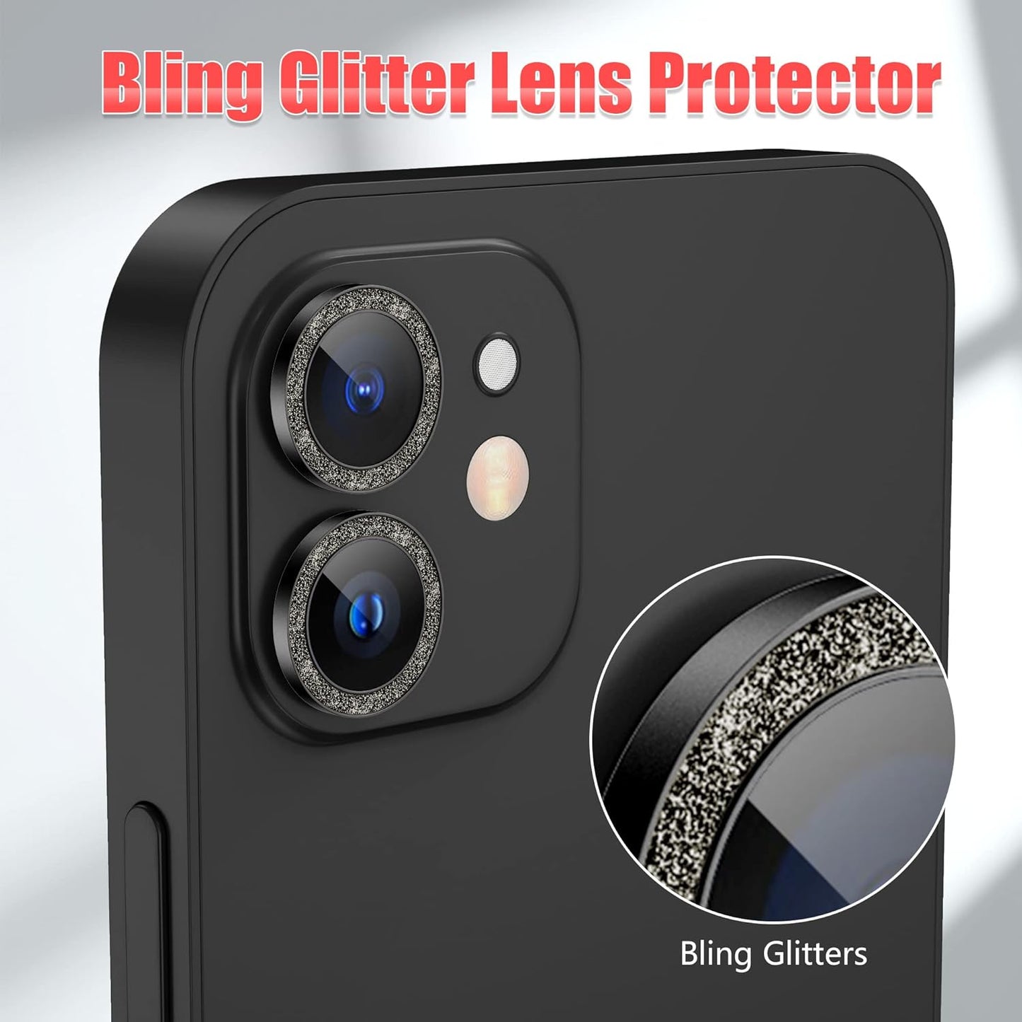 AGVEE 3+3 6 Pack for iphone 12 Pro/12/12 Mini/11 Pro Max/11 Pro/11 Camera Lens Cover Protector, Bling Diamond & Bling Glitter Metal Ring 9H Tempered HD Glass Camera Protector, Bling-Black