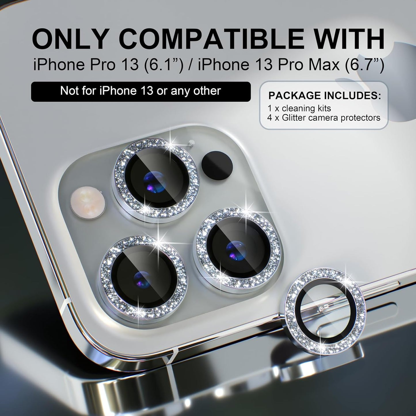 Choiche [3+1 for iPhone 13 Pro/iPhone 13 Pro Max Camera Lens Protector Bling, 9H Tempered Glass Camera Cover Screen Protector Metal Ring Decoration Accessories (Glitter-Silver)
