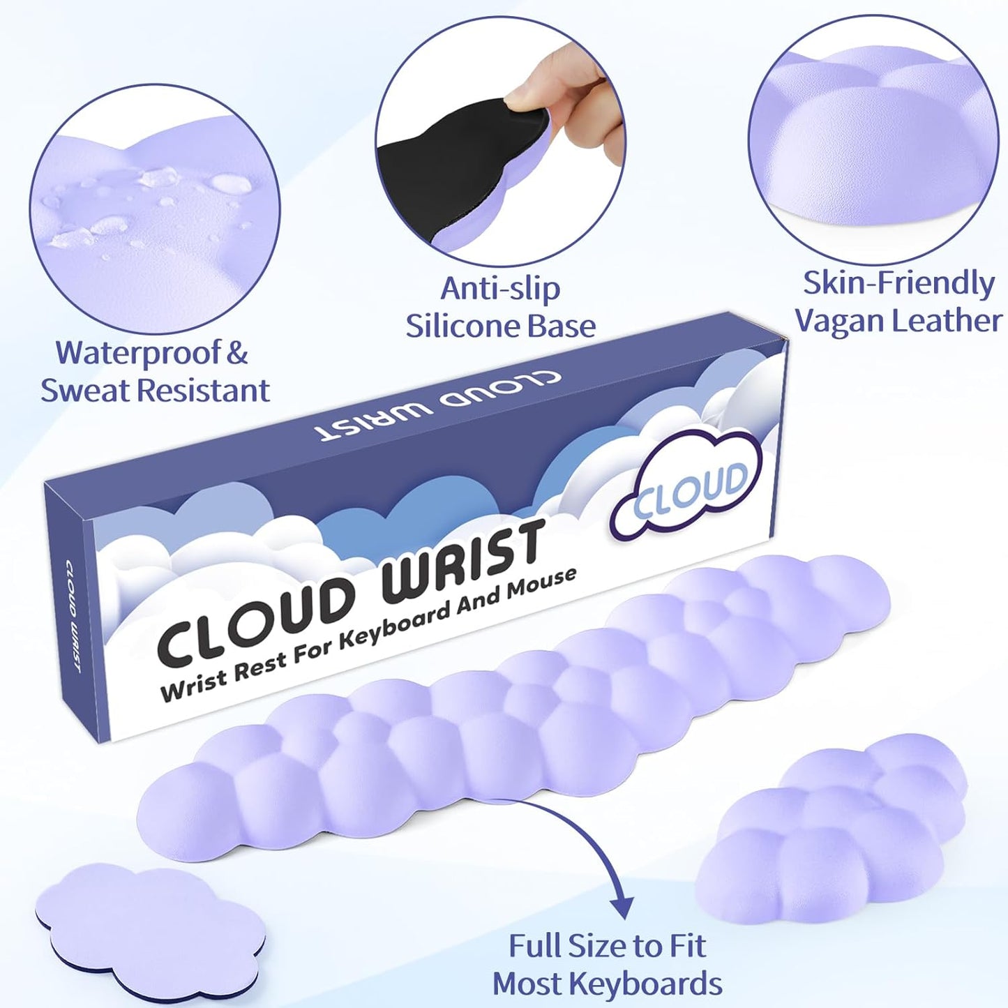 Cloud Wrist Rest for Keyboard and Mouse, Memory Foam PU Leather Keyboard Wrist Rest with Ergonomic Support, Non-Slip Base, Cute Arm Rest Pad & Palm Cushion, Office Desk Accessory, Purple
