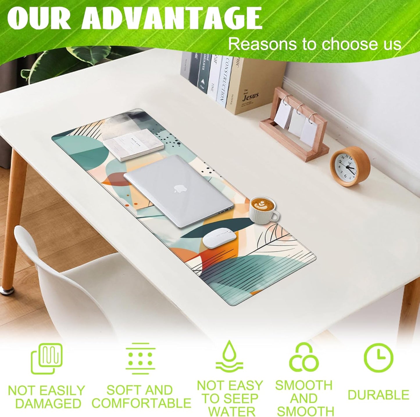 Desk Pad, Abstract Colorful Leaves Desk Mat, Large Gaming Mouse Pad with Non-Slip Base and Stitched Edge, 31.5"x11.8"