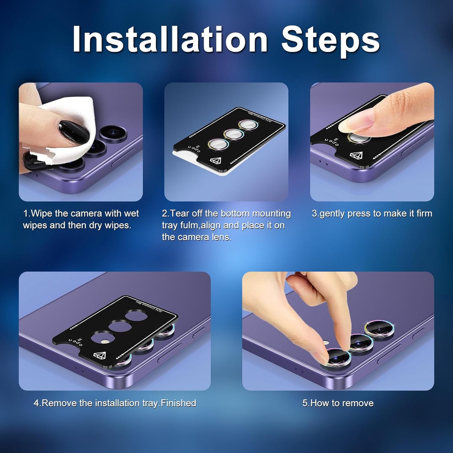 for Samsung Galaxy S24 Camera Lens Protector, Individual Metal Ring Tempered Glass Lens Cover, [Strong Adsorption] Scratch Resistant Ultra-Thin HD Clear Lens Cover, 1 Set-Colorful Sparkly