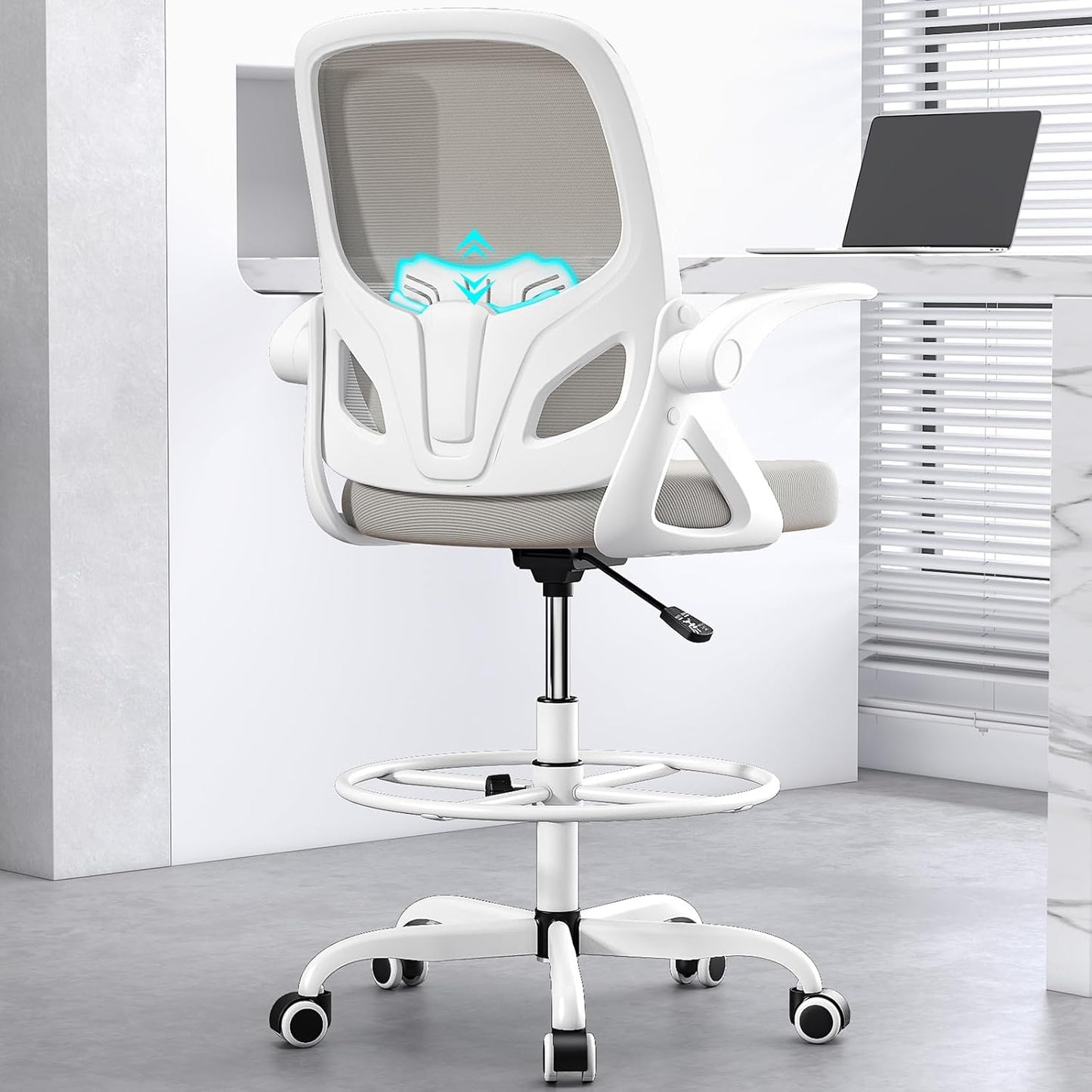 Tall Drafting Chair with Footrest Ring for Home and Work, Ergonomic Home Desk Office Chair with Flip up Arms and Lumbar Support, Extended Height Executive Desk Office Chair(Gray)