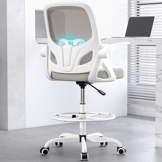 Tall Drafting Chair with Footrest Ring for Home and Work, Ergonomic Home Desk Office Chair with Flip up Arms and Lumbar Support, Extended Height Executive Desk Office Chair(Gray)